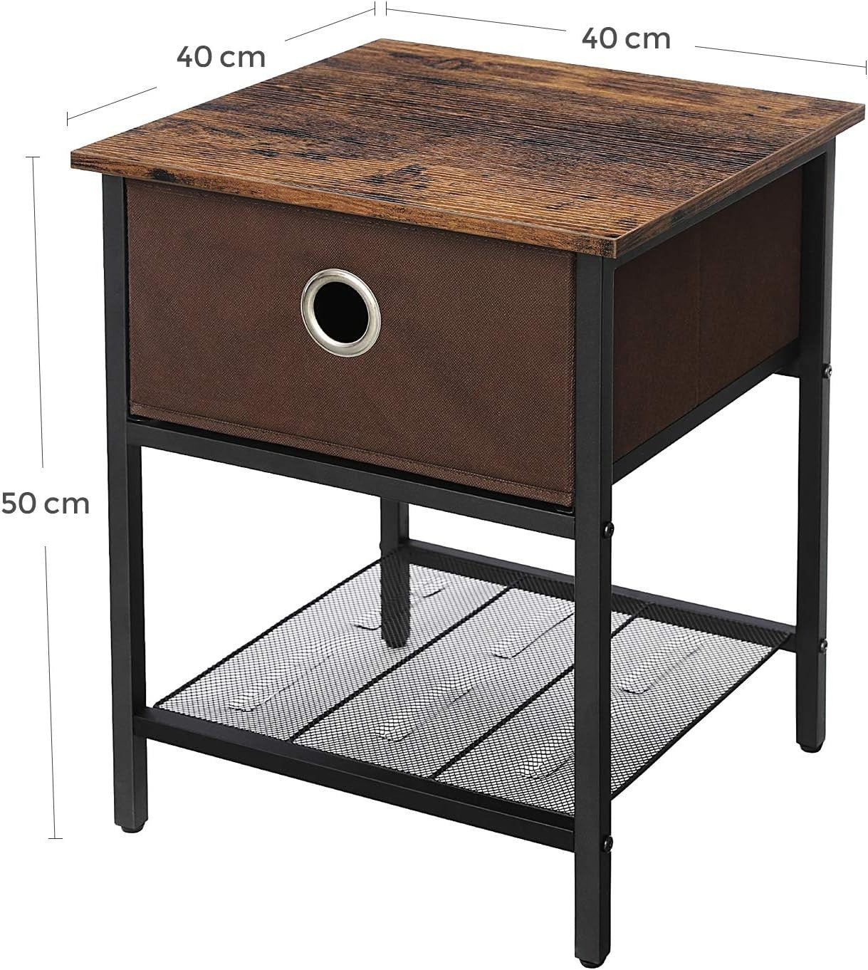 Set of 2 Rustic Bedside Tables with Drawer & Mesh Shelf, Industrial Nightstands