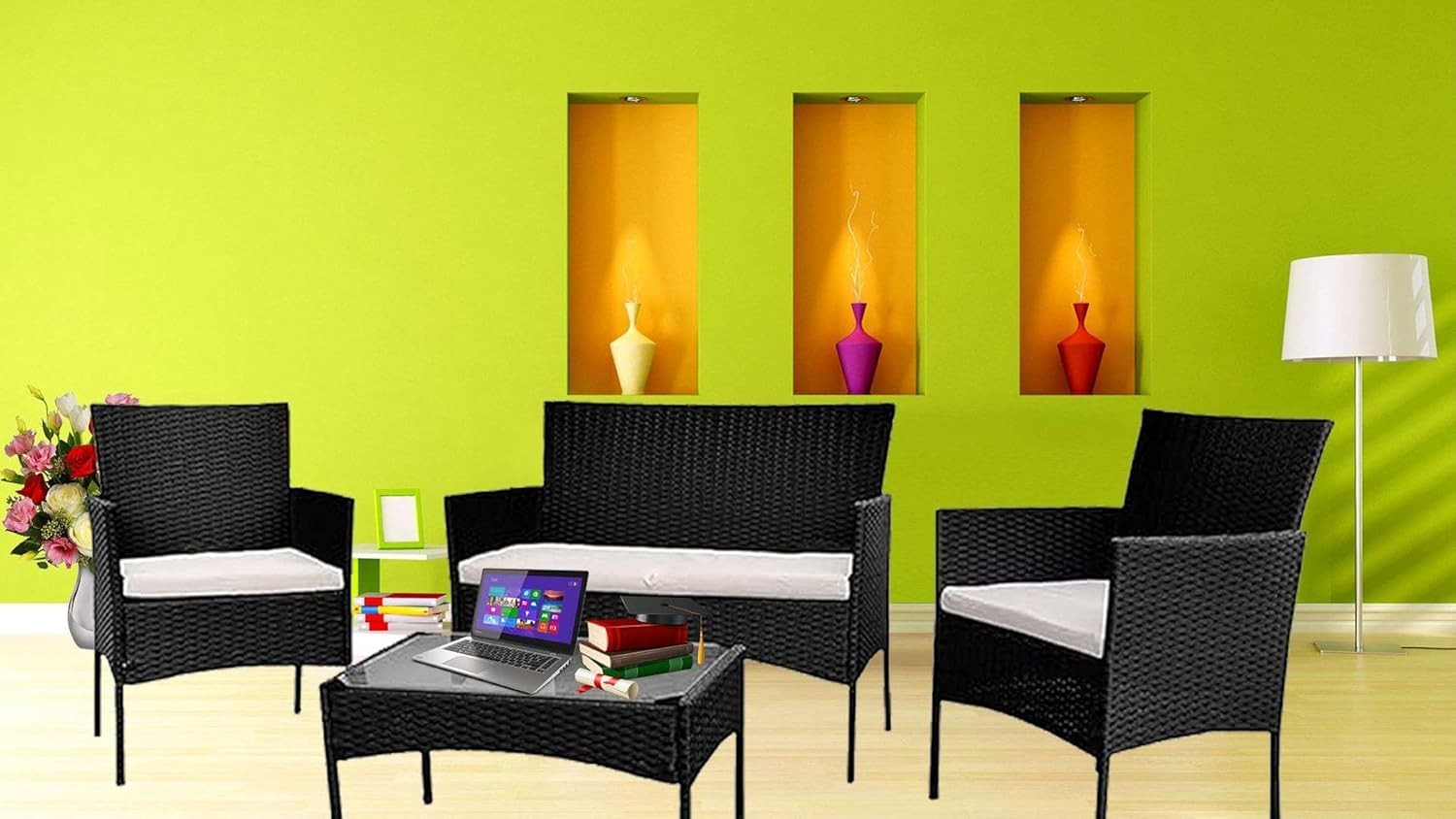 4 Seater Rattan Garden Furniture Set w/ Rain Cover Table Chairs Sofa