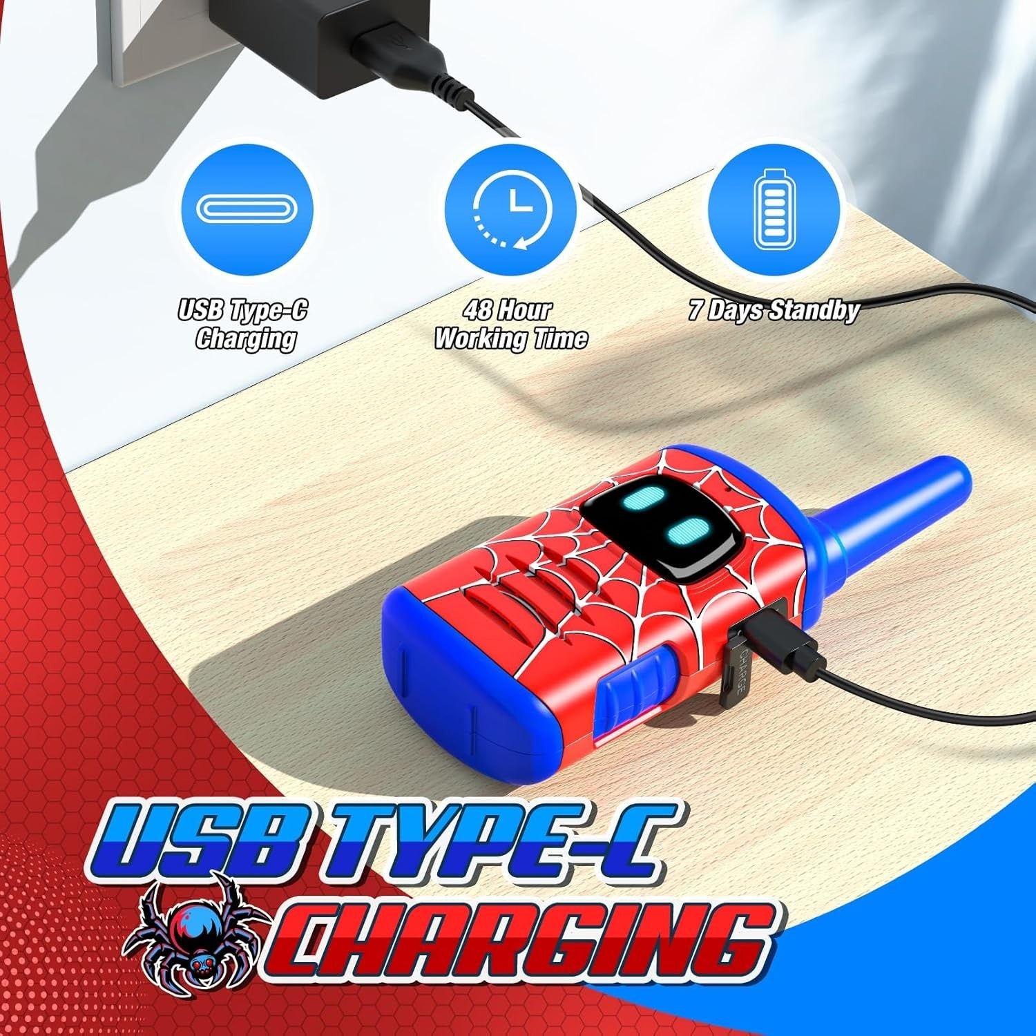 Kids Spider Walkie Talkies Rechargeable Toy Long Range Gift 2 Pack
