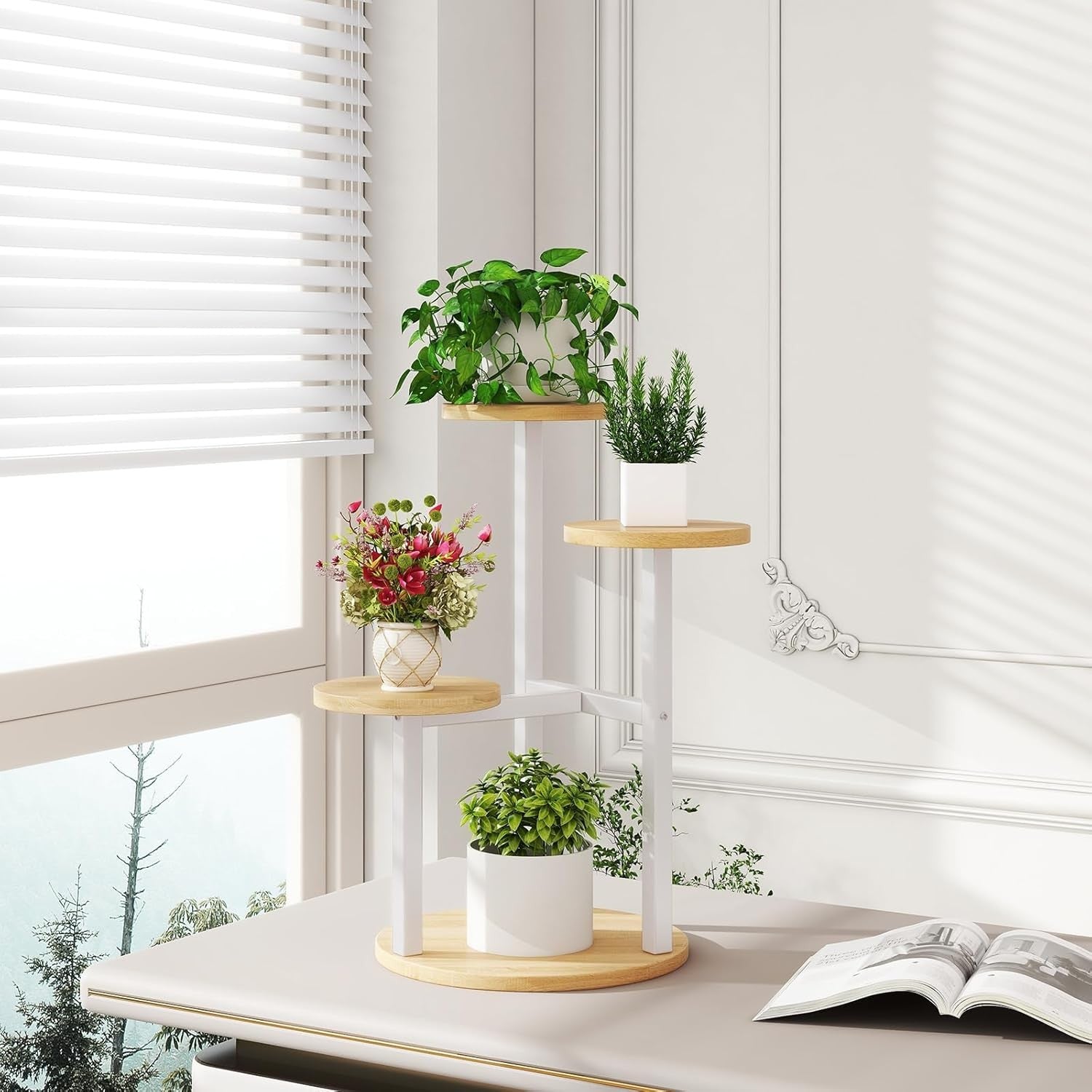 4 Tier White Metal Wood Plant Stand | Modern Corner Flower Pot Display Shelf