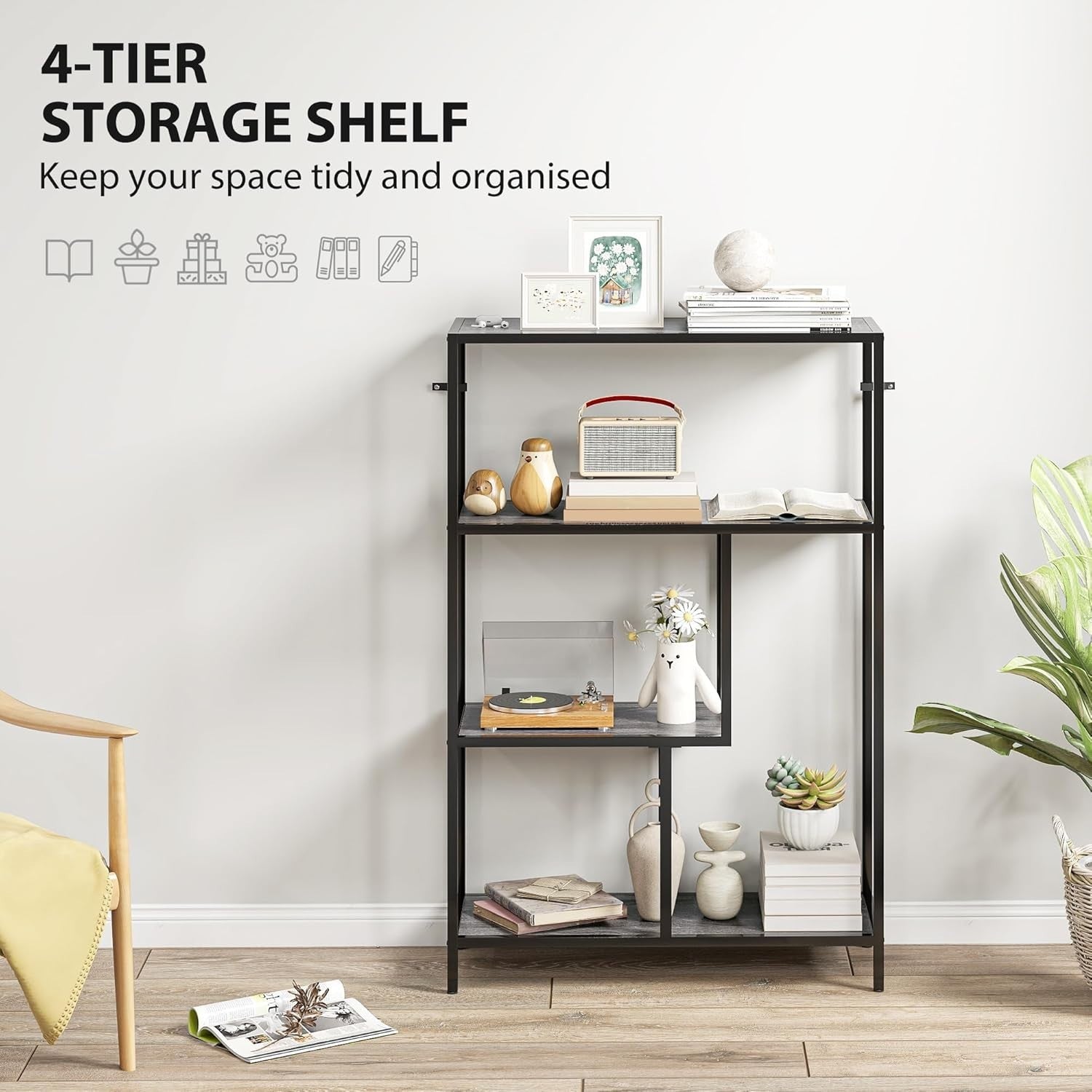 4 Tier Industrial Bookcase Charcoal Grey Metal Frame Freestanding Shelf 116cm