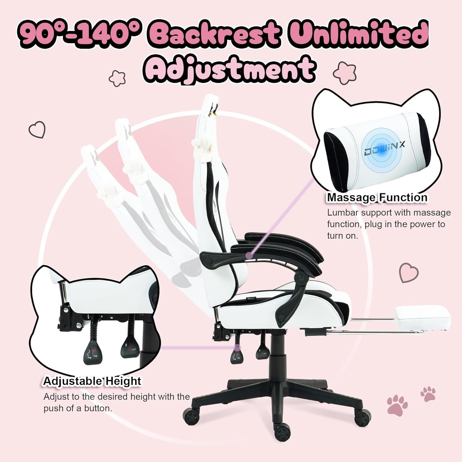 Cute Dog Ear Gaming Chair Massage Lumbar Footrest 290lbs White