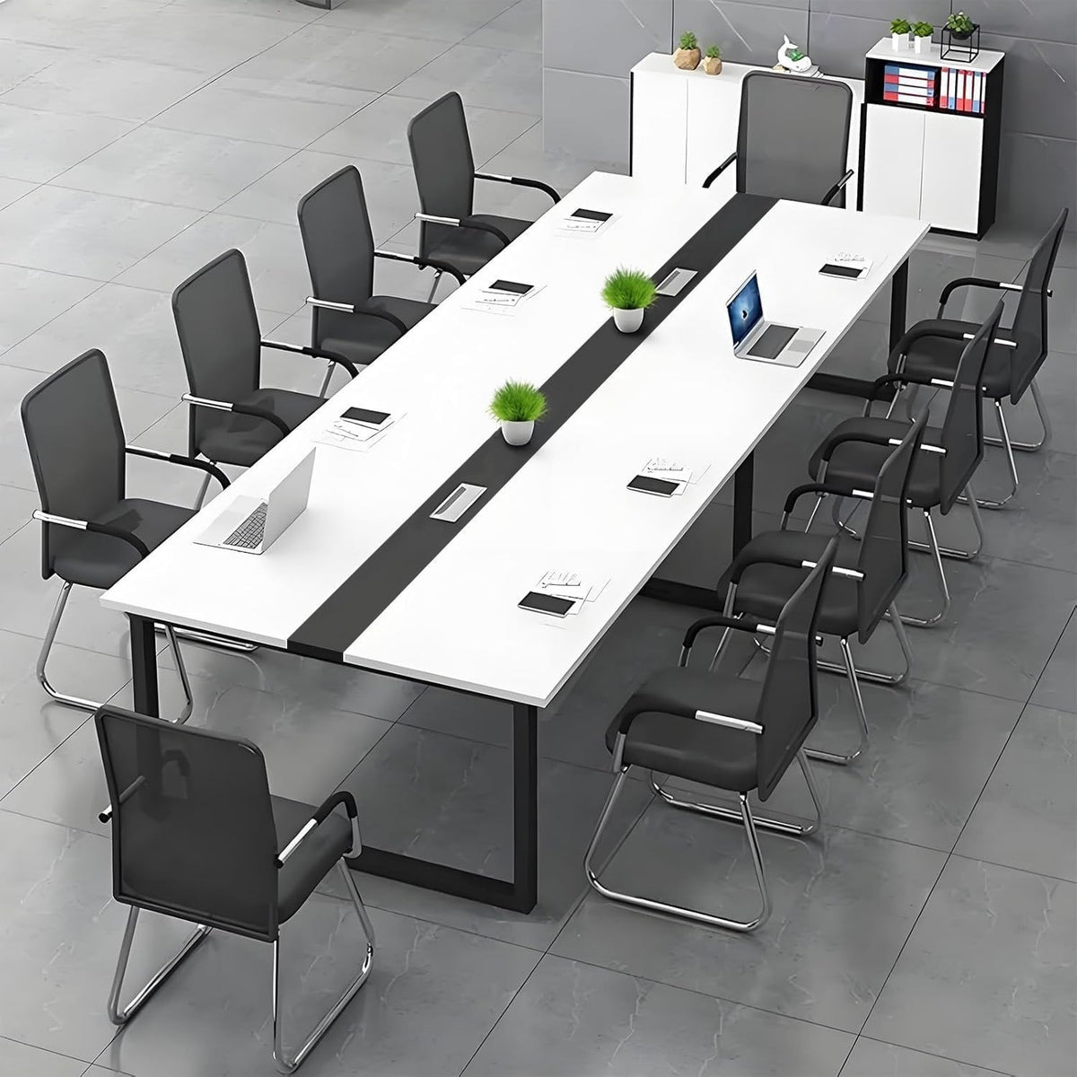 240x60cm White/Black Conference Table w/ Cable Ports & Adjustable Feet