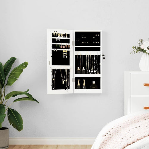 Compact Wall Mounted Jewelry Cabinet Mirror Lockable Storage White