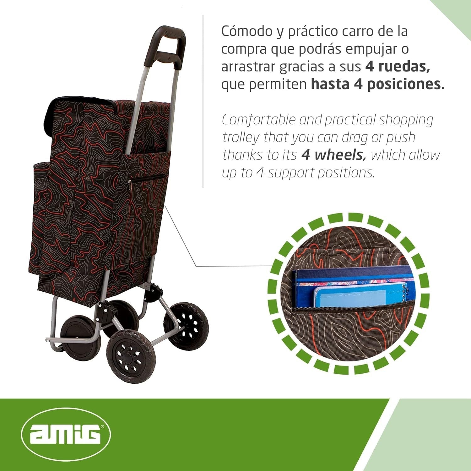 48L Lightweight 4-Wheel Shopping Trolley – Removable Bag, Black