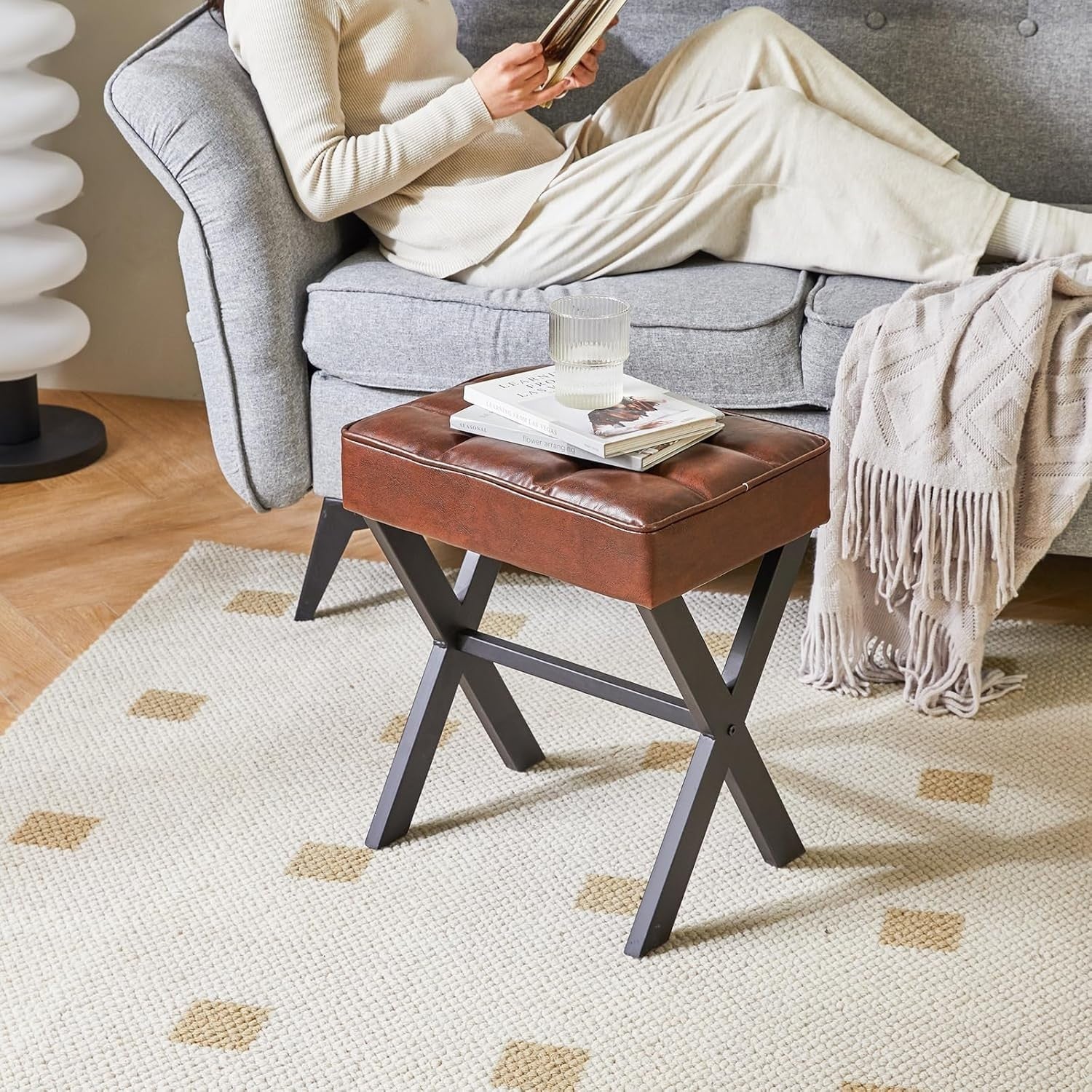 Square PU Makeup Stool with X-Leg Design – Compact Vanity Footrest (Dark Brown)