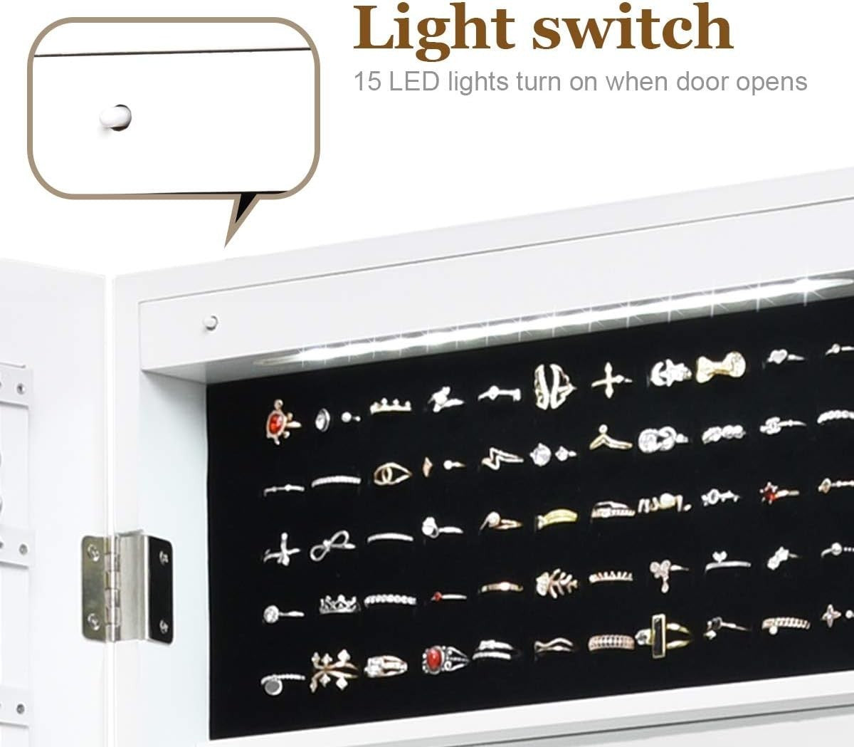 White LED Jewellery Cabinet Wall or Door Mounted Full Length Mirror