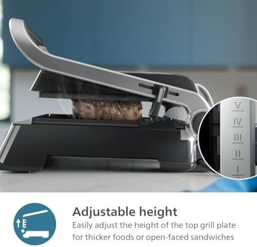 2200W Contact Grill Non-Stick Plates Adjustable Temp & Height Flat Open