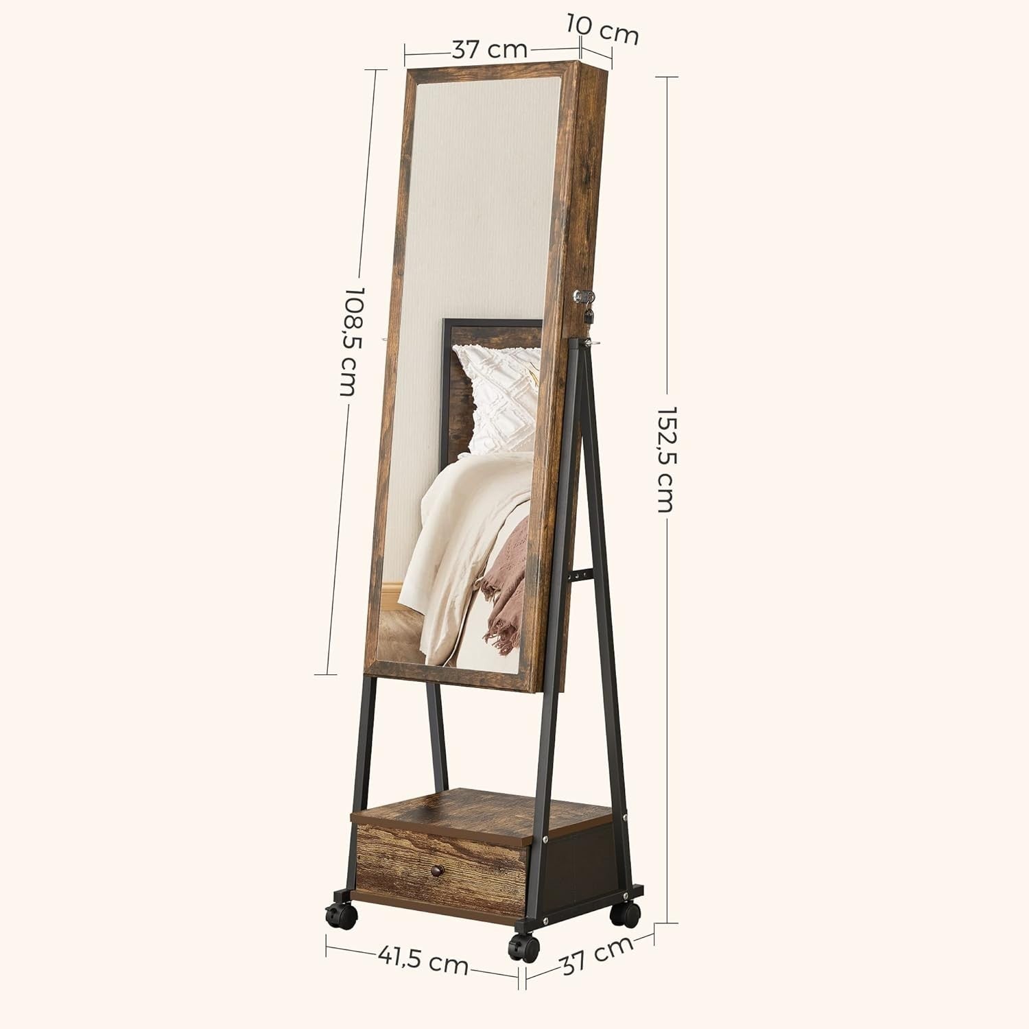 Lockable Rolling Jewelry Cabinet Full Length Mirror Drawer Shelf Organizer