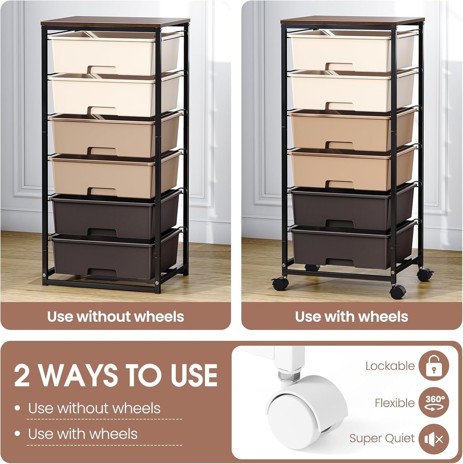 6 Drawer Rolling Storage Cart Utility Trolley with Wooden Top Brown