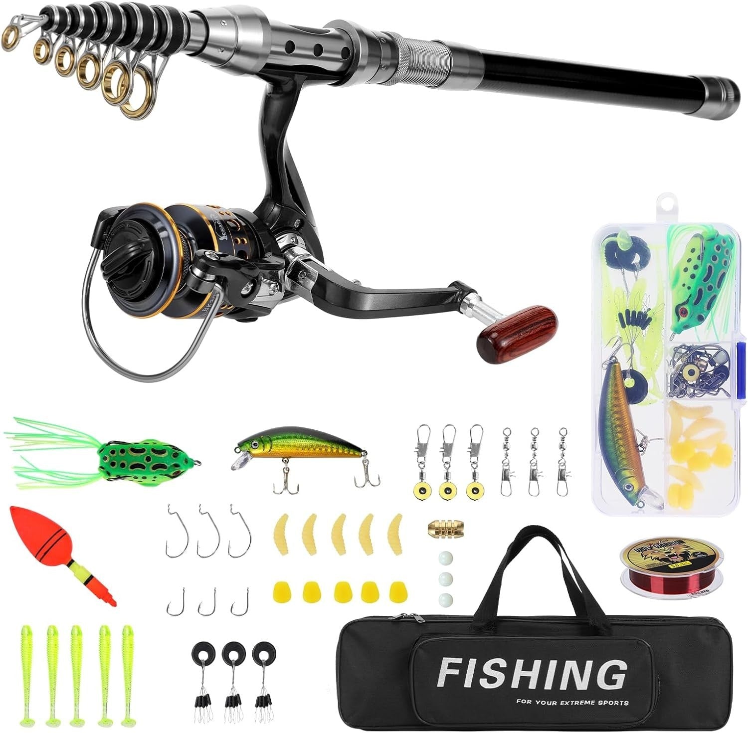 2.1m Telescopic Fishing Rod & Reel Kit with Lures, Line & Carry Bag