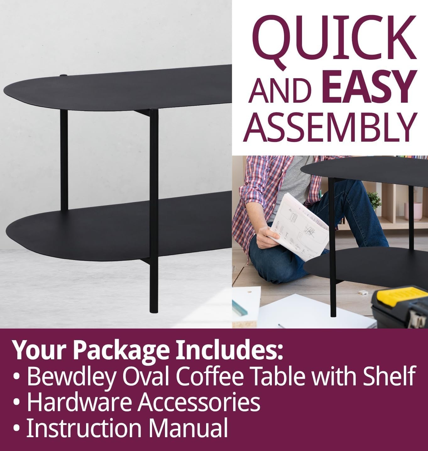 Black Oval Coffee Table with Shelf, Metal Frame 100x50x45cm