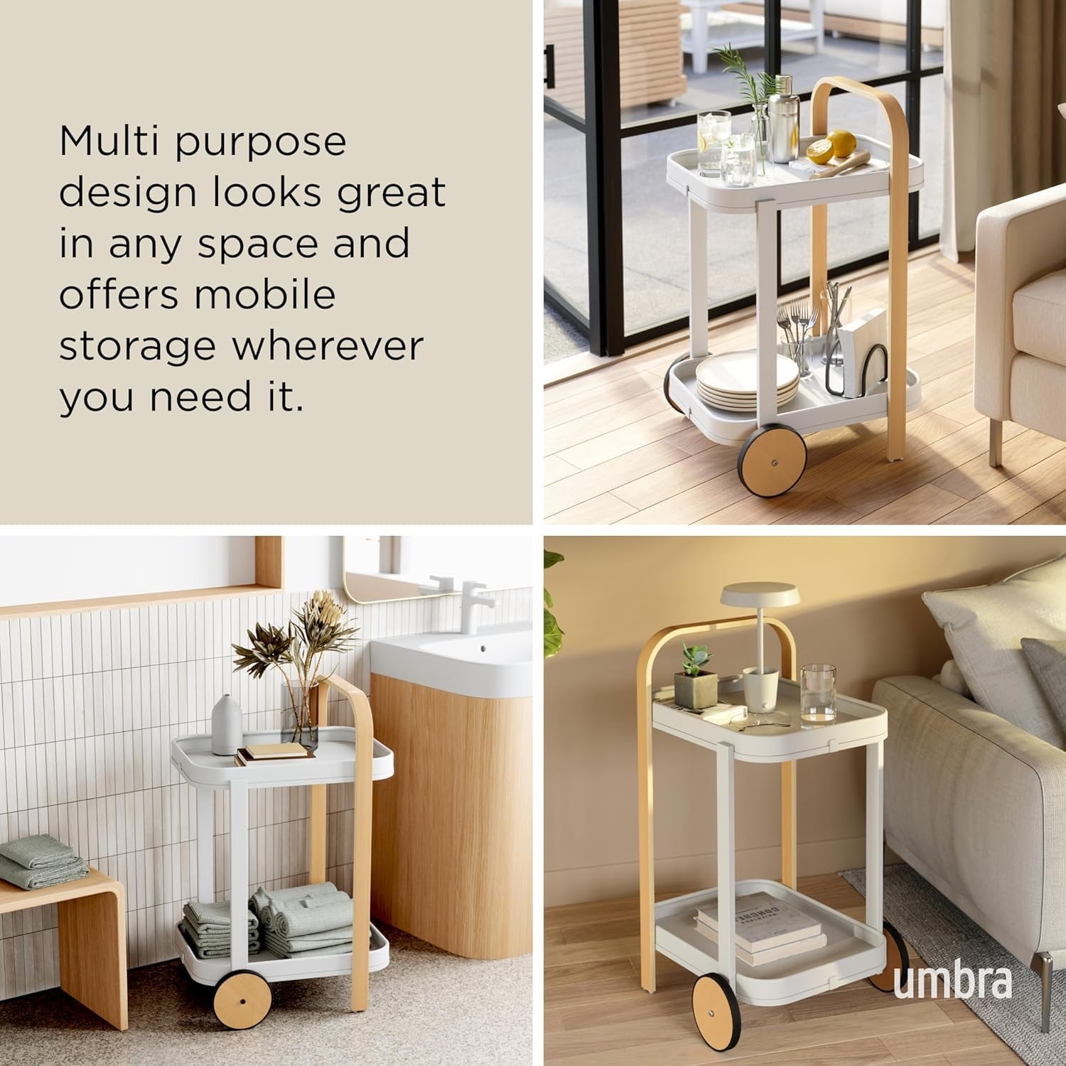 Luxury Bar Cart on Wheels 2 Tier White Serving Trolley Removable Tray