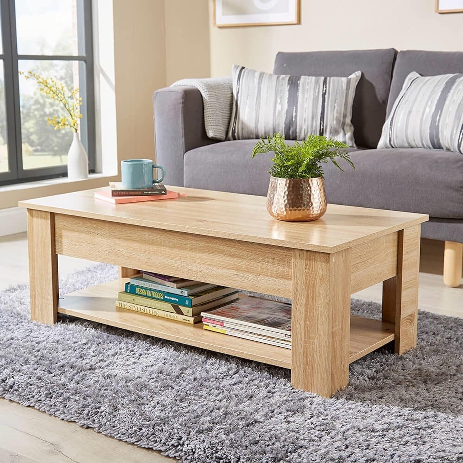 Oak Coffee Table with Lift-Up Storage & Magazine Shelf 100x50cm
