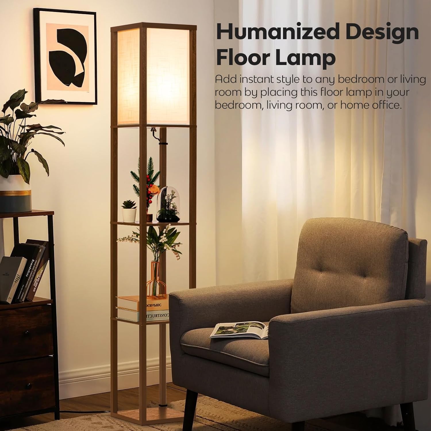 Floor Lamp with Shelves Wooden Standing LED Light Storage Display Walnut