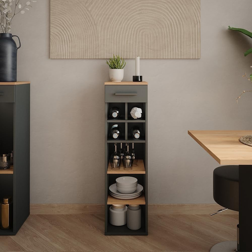 Modern Tall Wine Rack Cabinet with Shelves & Drawer | Oak & Anthracite 30x106cm