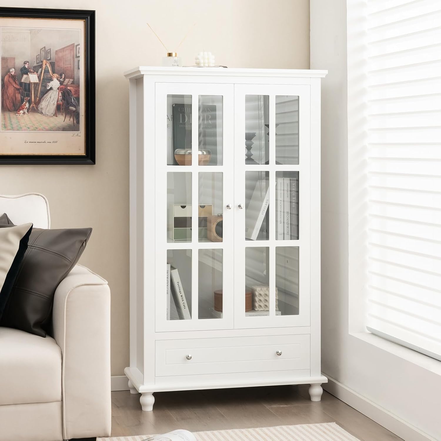 Modern White Bookcase with Glass Doors Drawer Adjustable Shelf Storage Unit