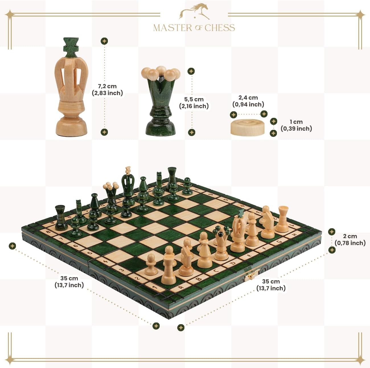 Luxury 35cm Wooden Chess & Draughts Set | Folding Board | Handmade Green Set