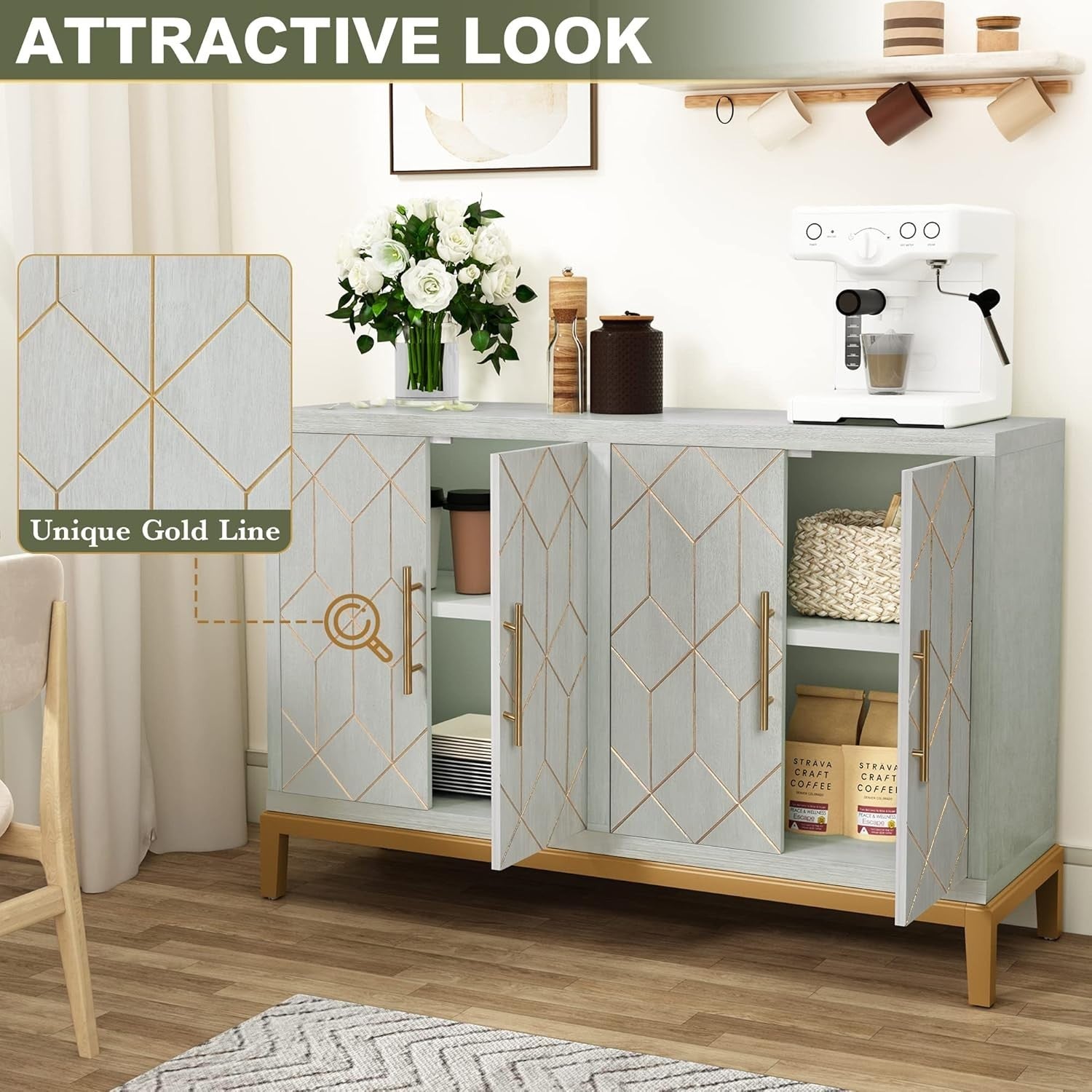 Luxury 4 Door Sideboard Cabinet Storage Unit Gold Trim Buffet Cupboard