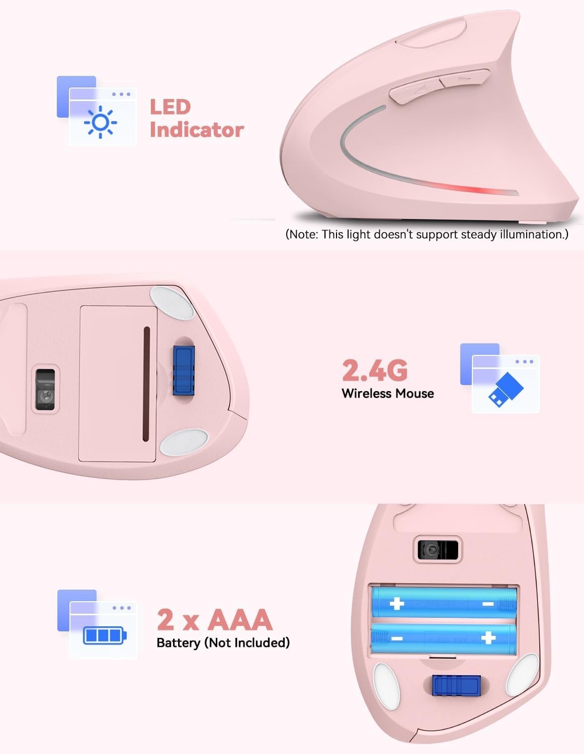 Ergonomic Vertical Wireless Mouse 4800 DPI Silent 6 Button Pink