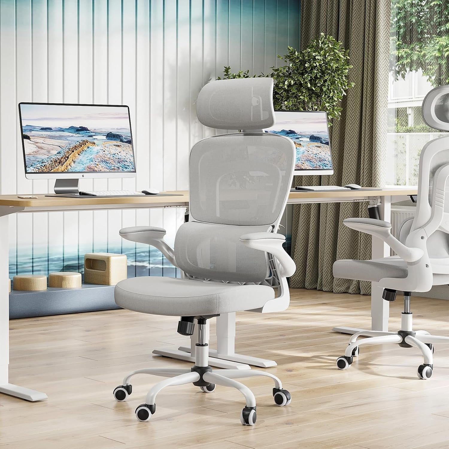 Ergonomic Office Chair Mesh Swivel Desk w/ Headrest Flip-Up Arms White/Gray 14kg