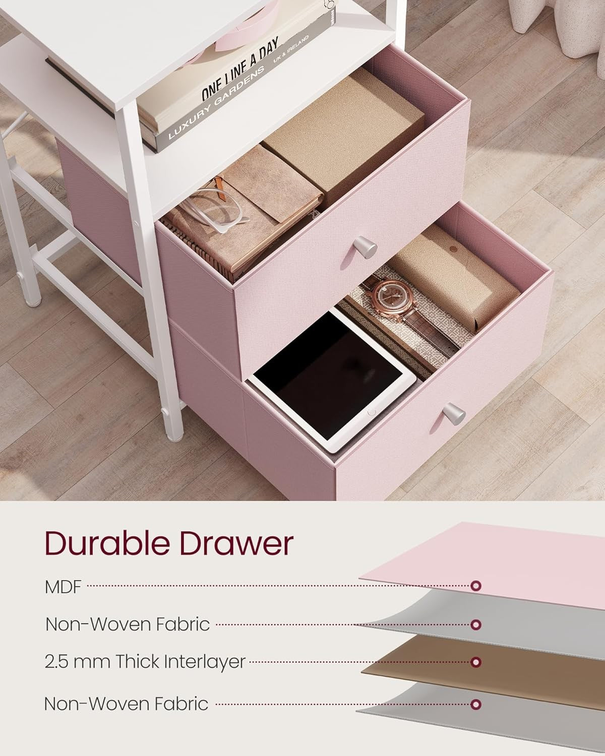 Tall Pink Bedside Table with 2 Fabric Drawers & Shelf – Modern Storage Unit