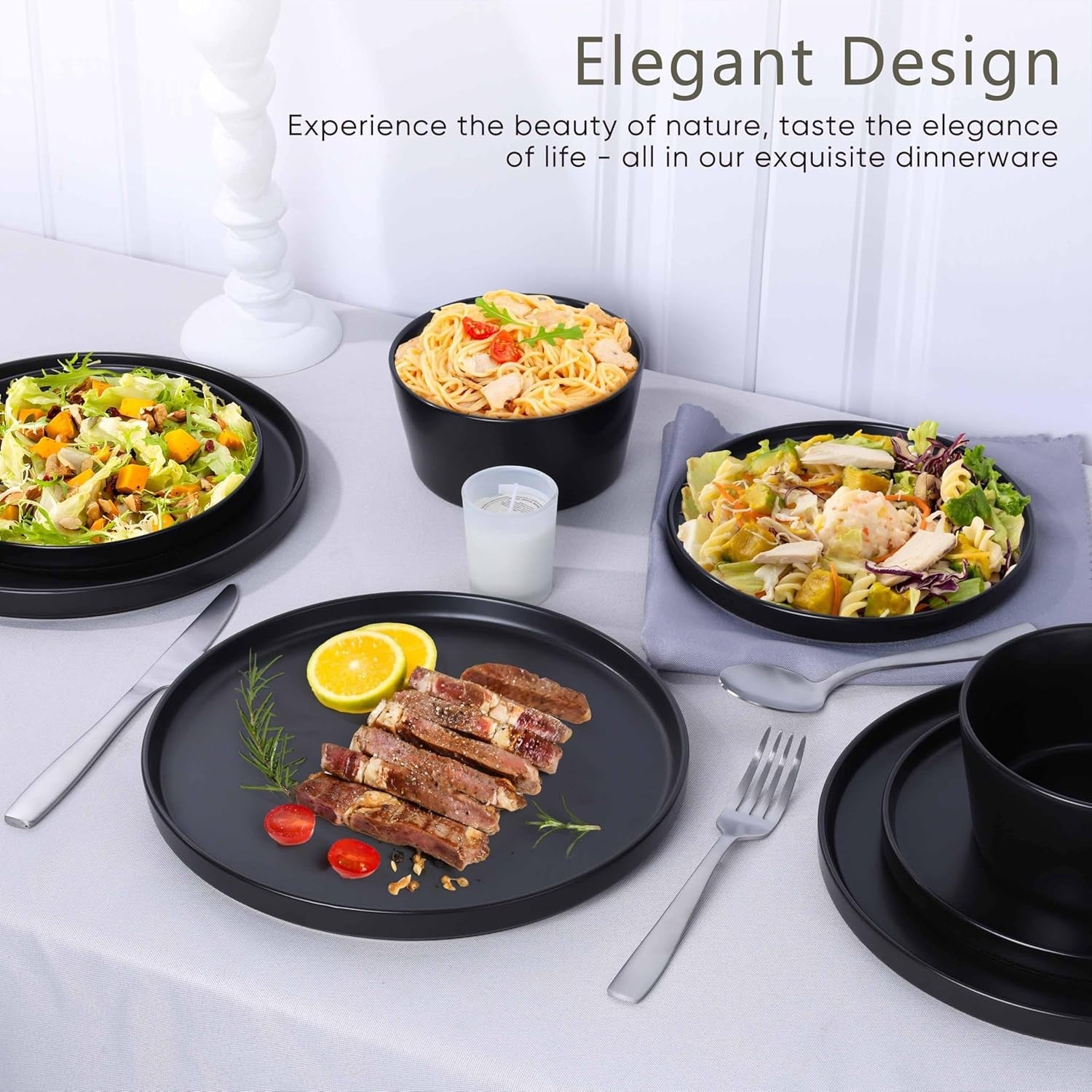 12pc Matte Black Stoneware Dinner Set Plates Bowls Dishwasher Safe