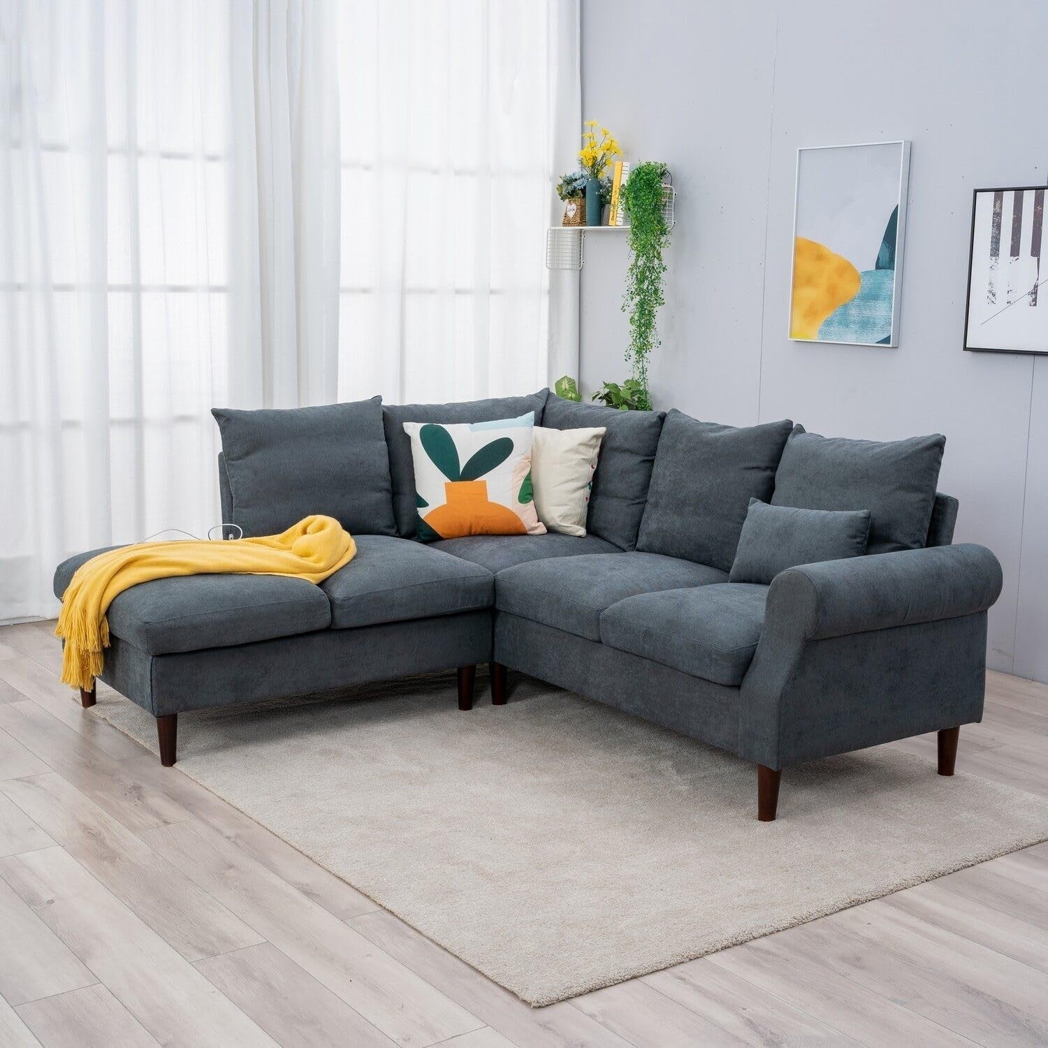 5 Seater Corner Sofa with Chaise & USB Charging Port – Grey Linen, 200x195cm