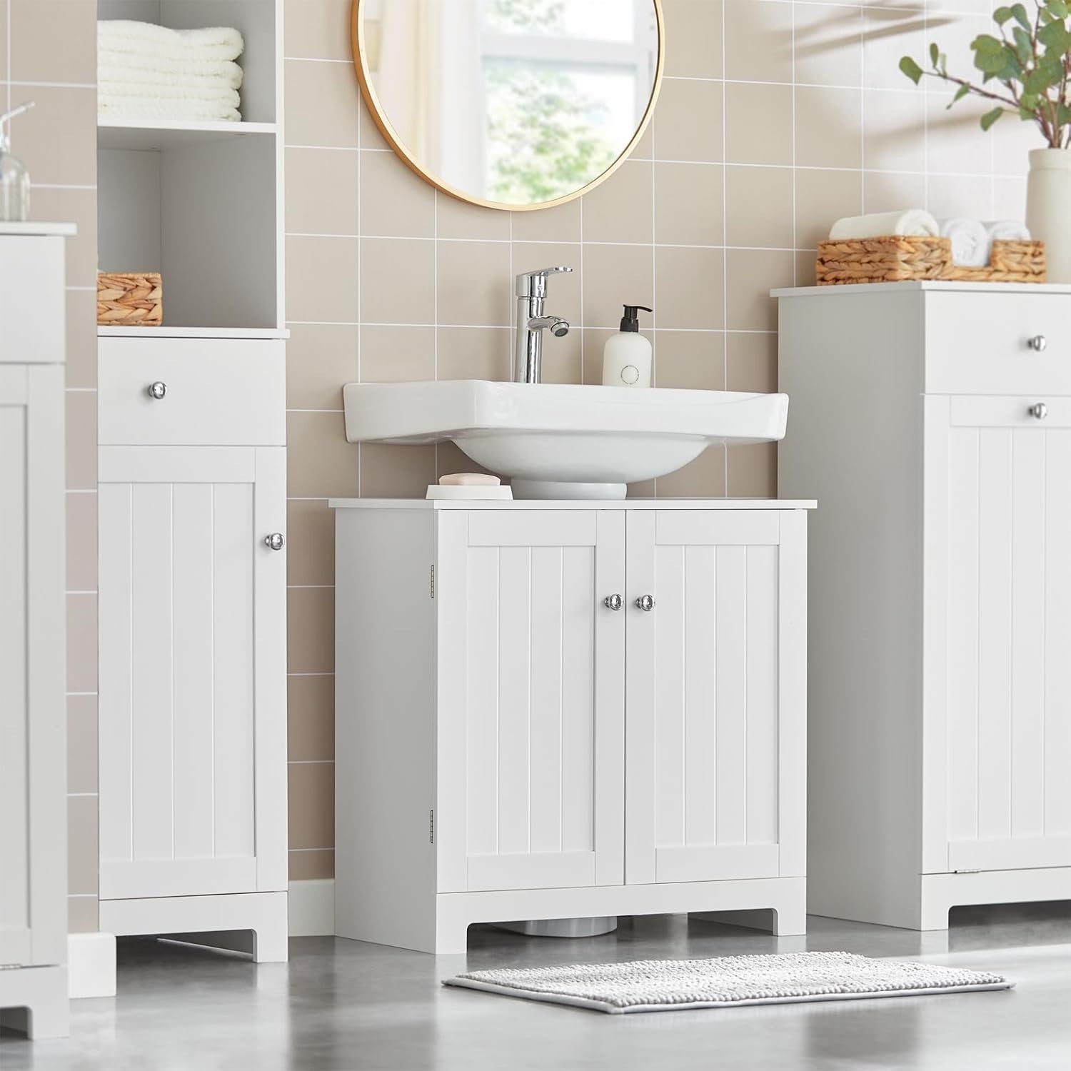 White Under Sink Bathroom Cabinet 2 Door Storage Unit – Modern, MDF, 60cm