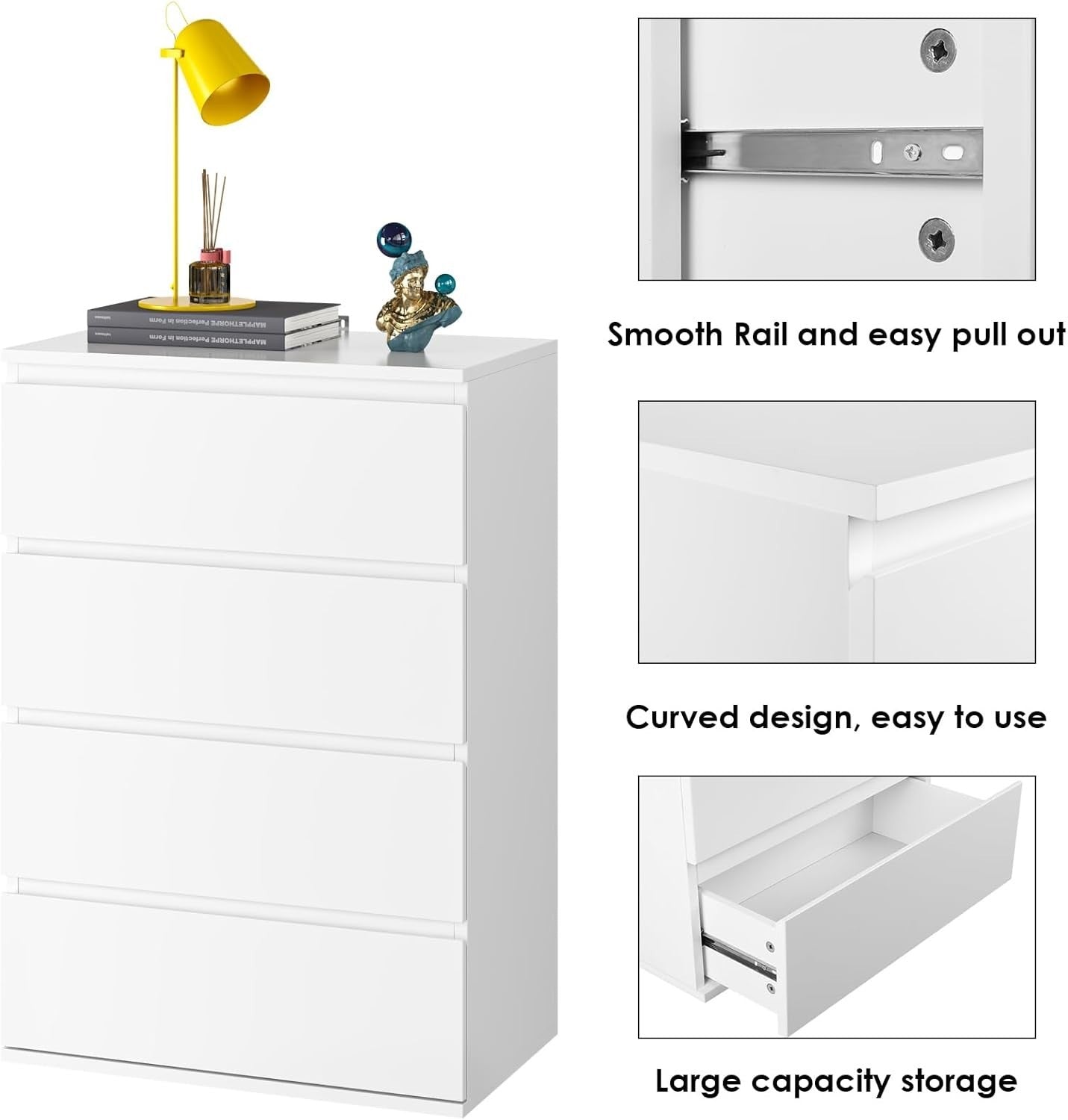 Modern White 4 Drawer Chest Tall Storage Cabinet for Bedroom Office Home