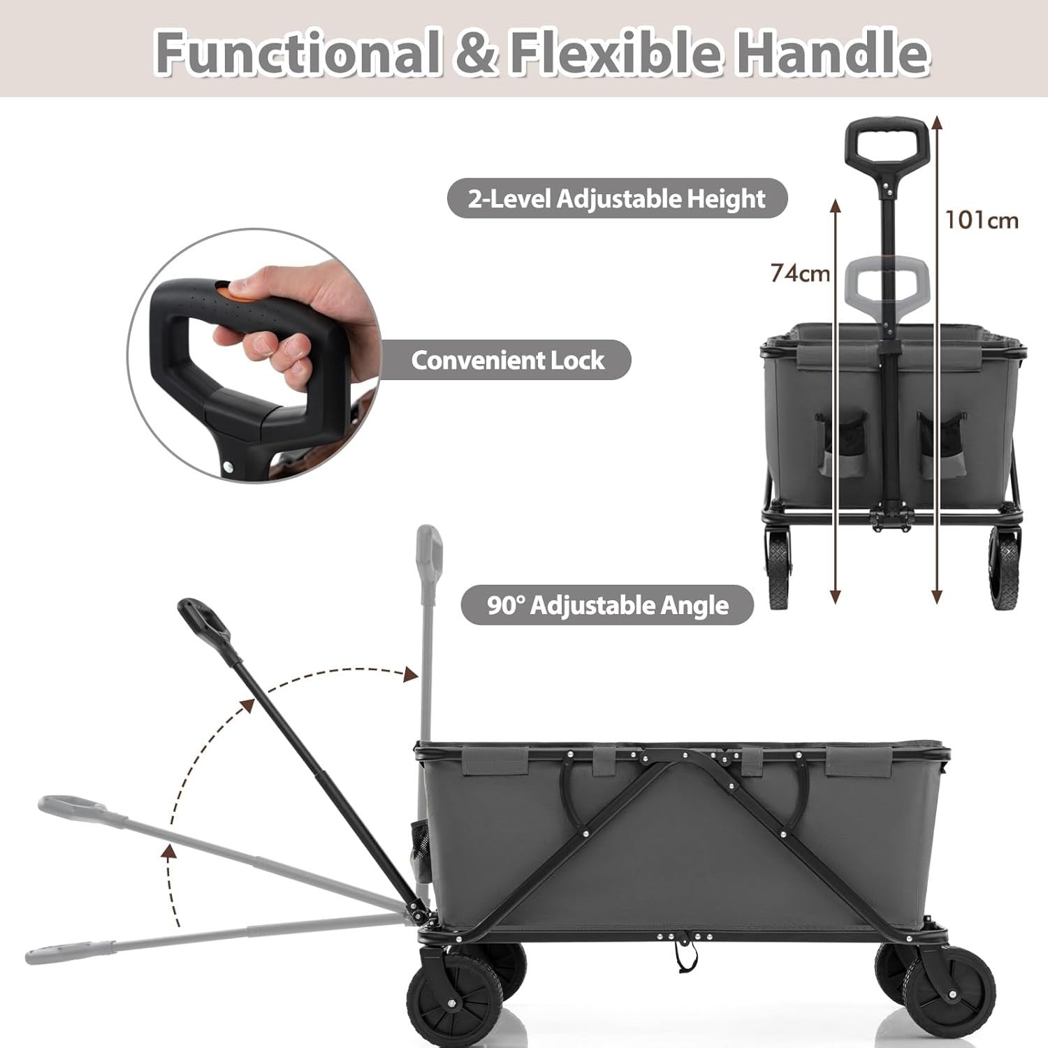 Grey Folding Garden Trolley Cart 170L Collapsible Wagon w/ Adjustable Handle