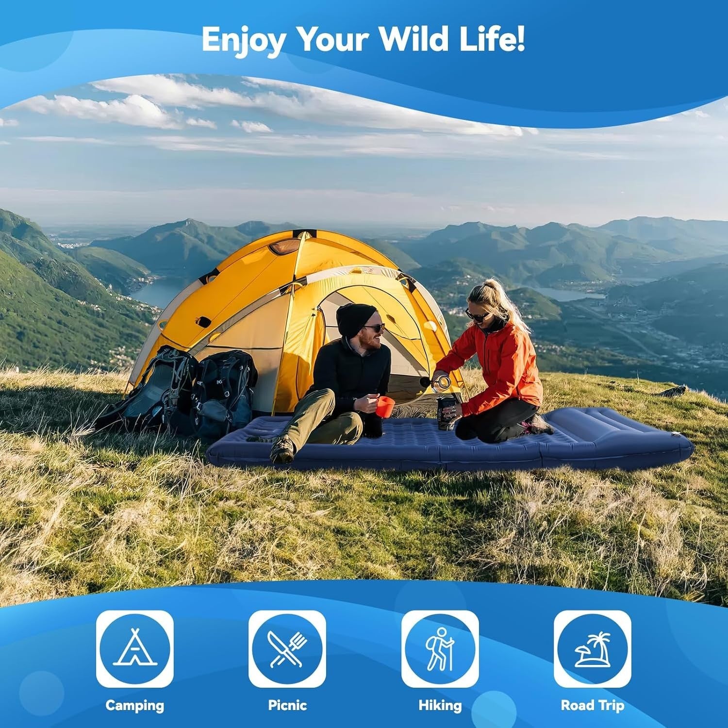 Double Self-Inflating Camping Mat with Built-In Pump, 197x135x15cm