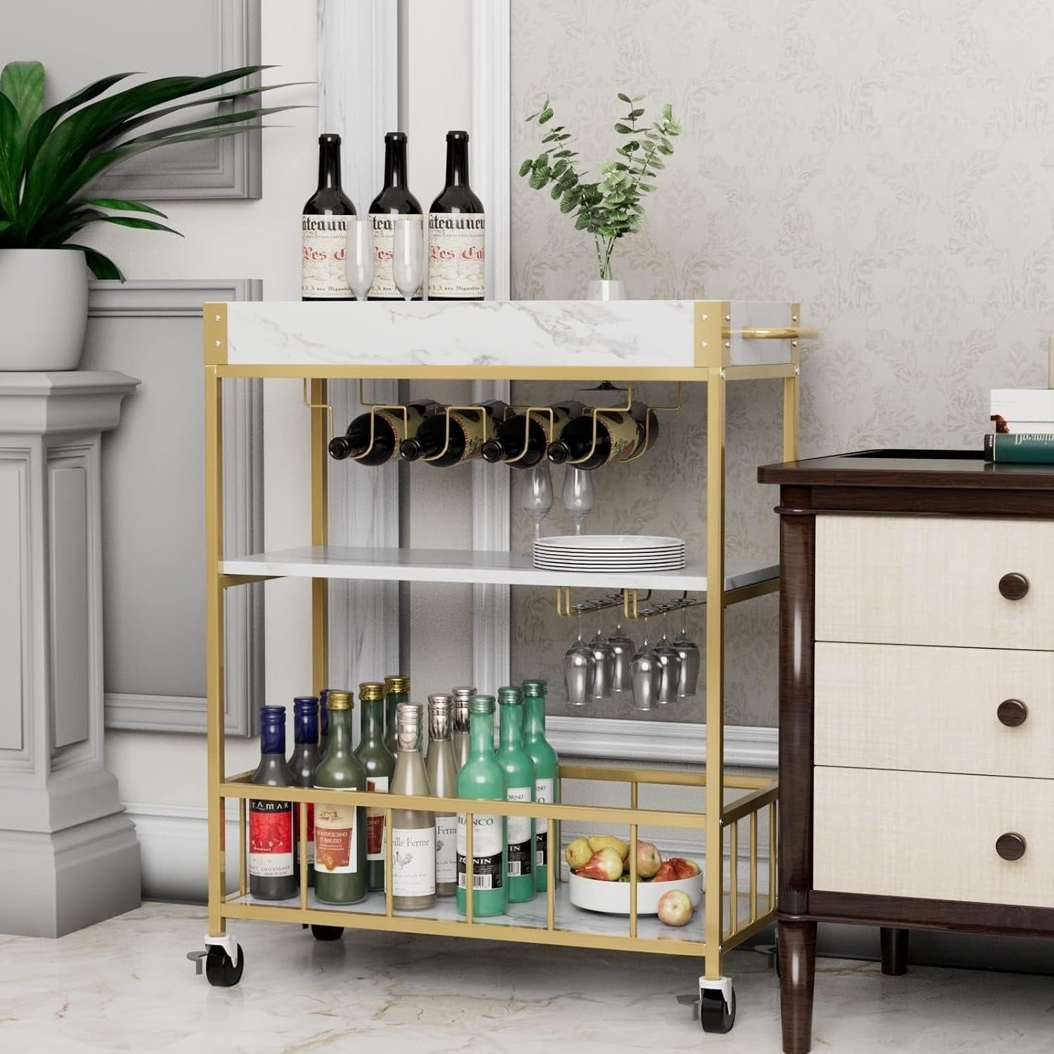 3 Tier Gold Bar Cart with Wine Rack & Glass Holder Rolling Drinks Trolley