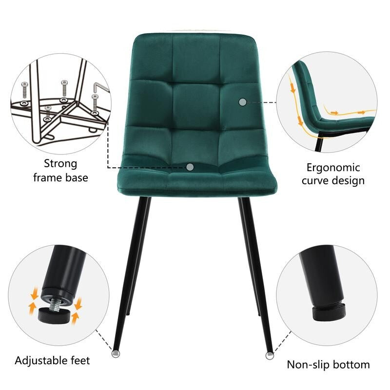 Set of 4 Dark Green Velvet Dining Chairs – Modern Padded Seat, Metal Legs