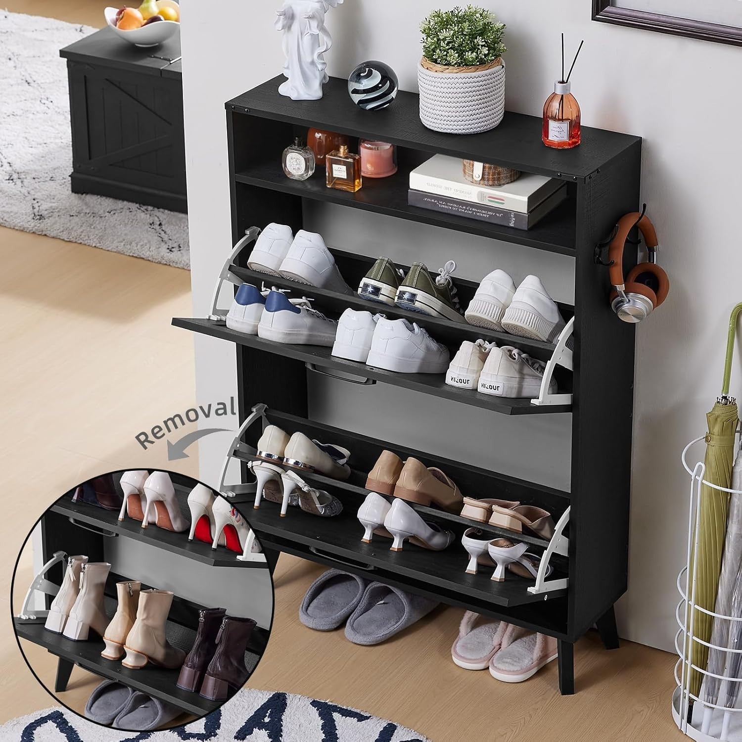 Space-Saving Shoe Cabinet with 2 Folding Doors & Removable Shelves – Black