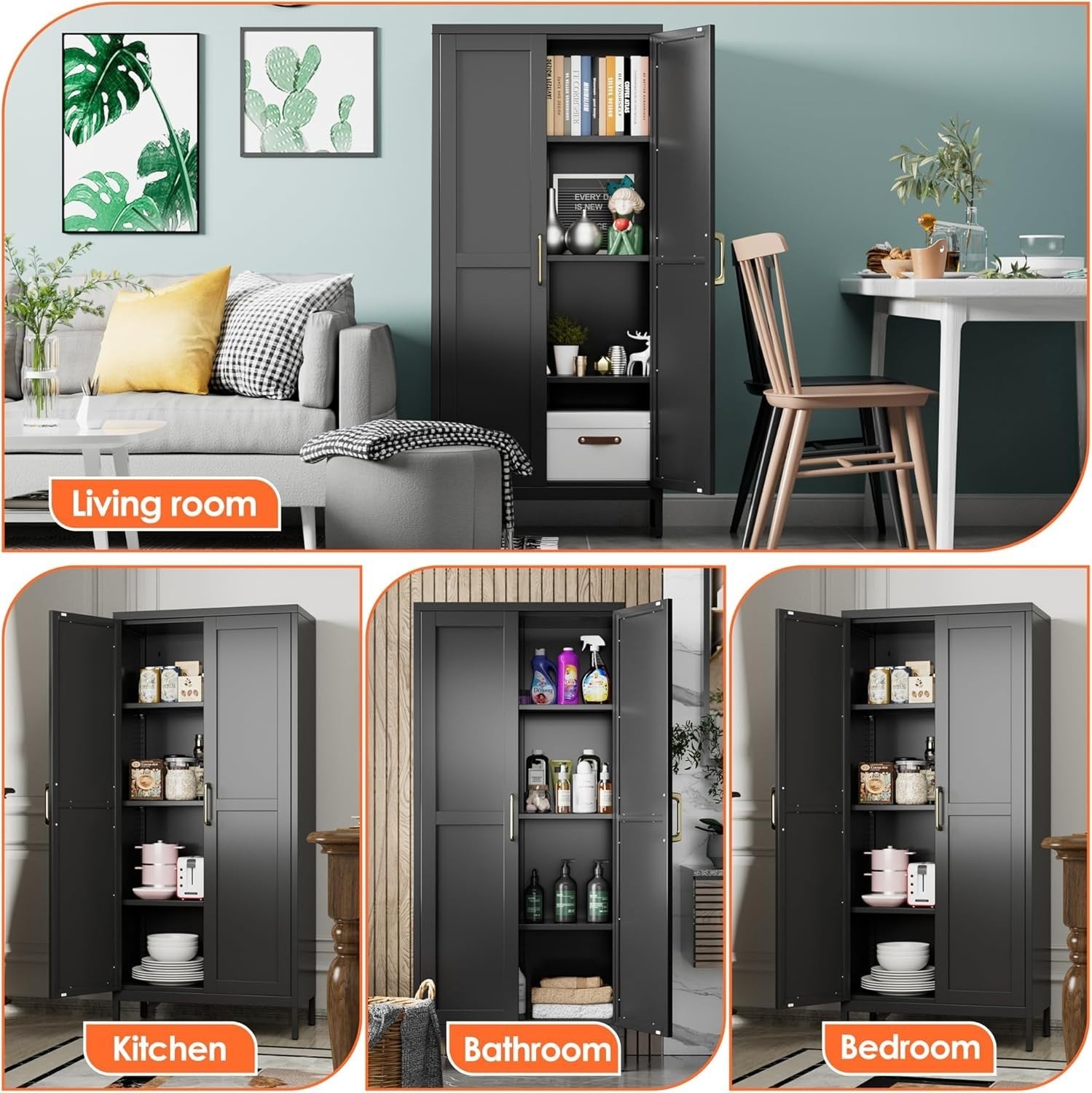 Black Metal Office Storage Cabinet 2 Doors Adjustable Shelves 155H