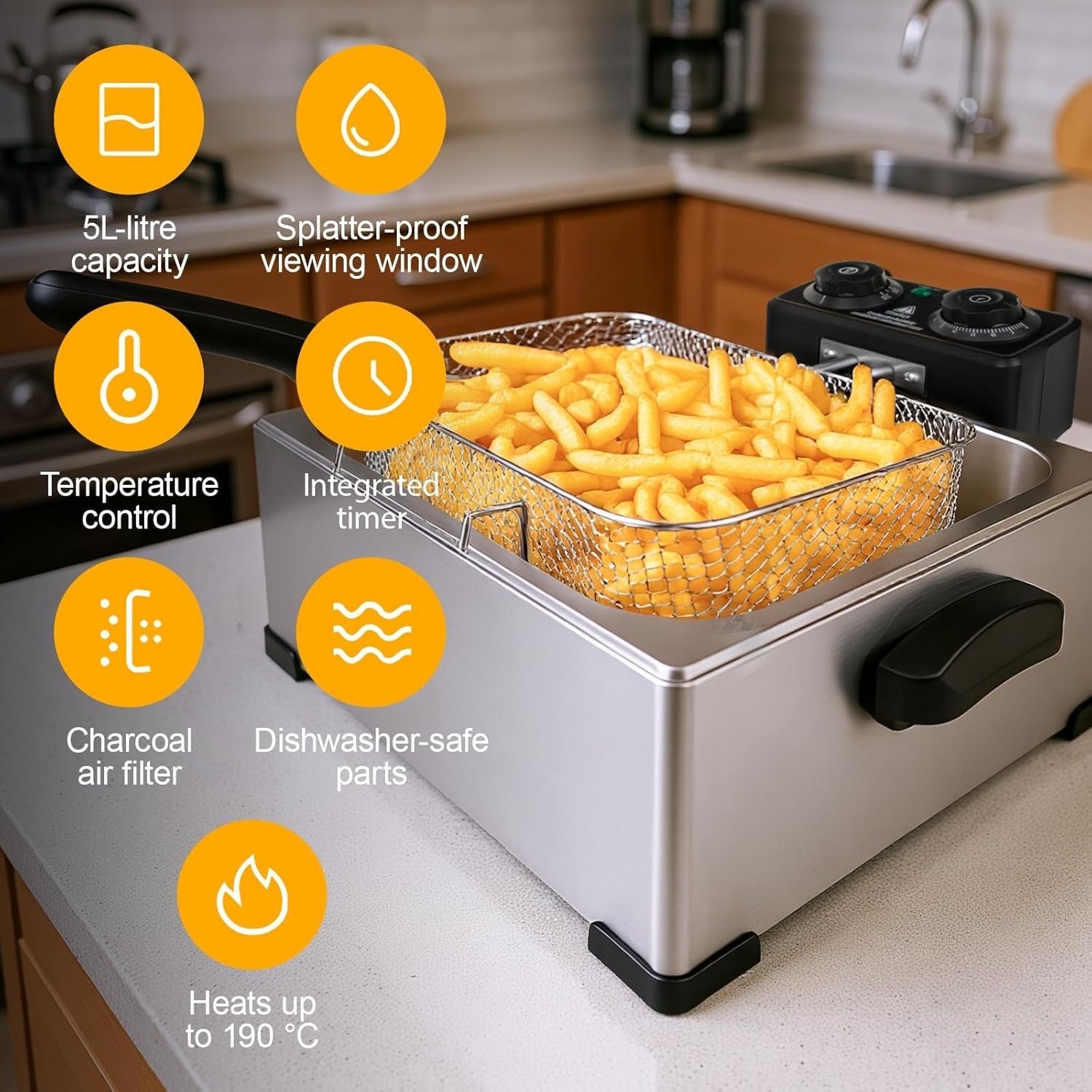 5L Deep Fat Fryer Stainless Steel 2000W Adjustable Temp Viewing Window
