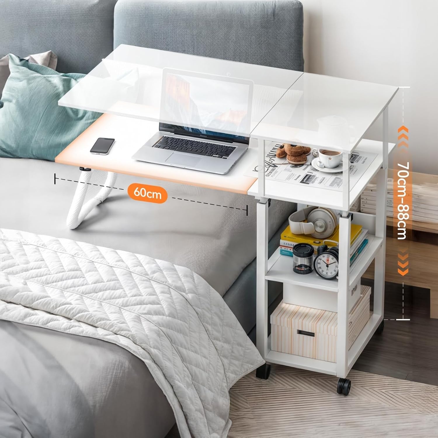 White Overbed Table with Wheels Adjustable Foldable Bedside Laptop Desk