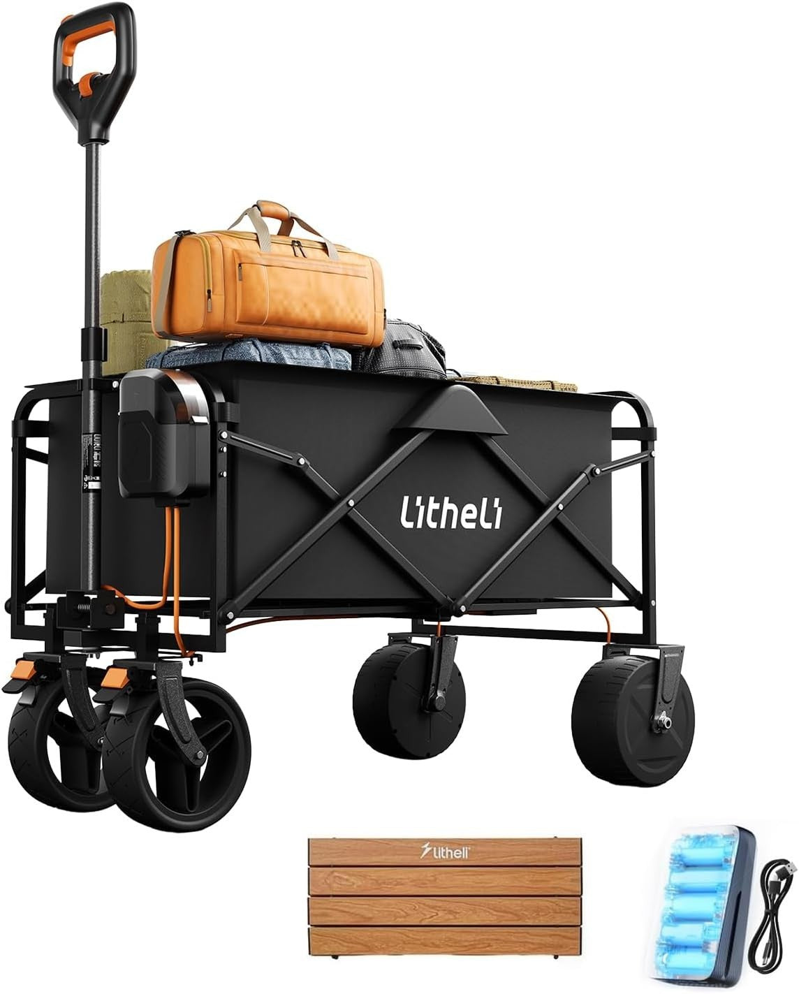 Electric Folding Handcart 100L 50kg Double Motor Off-Road Wagon with Table