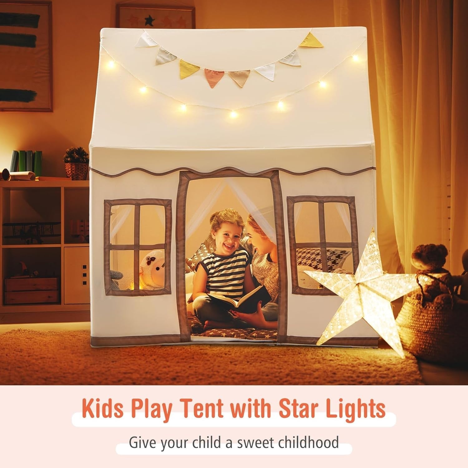 Large Kids Play Tent Castle Indoor Outdoor w Star Lights Non Slip Mat