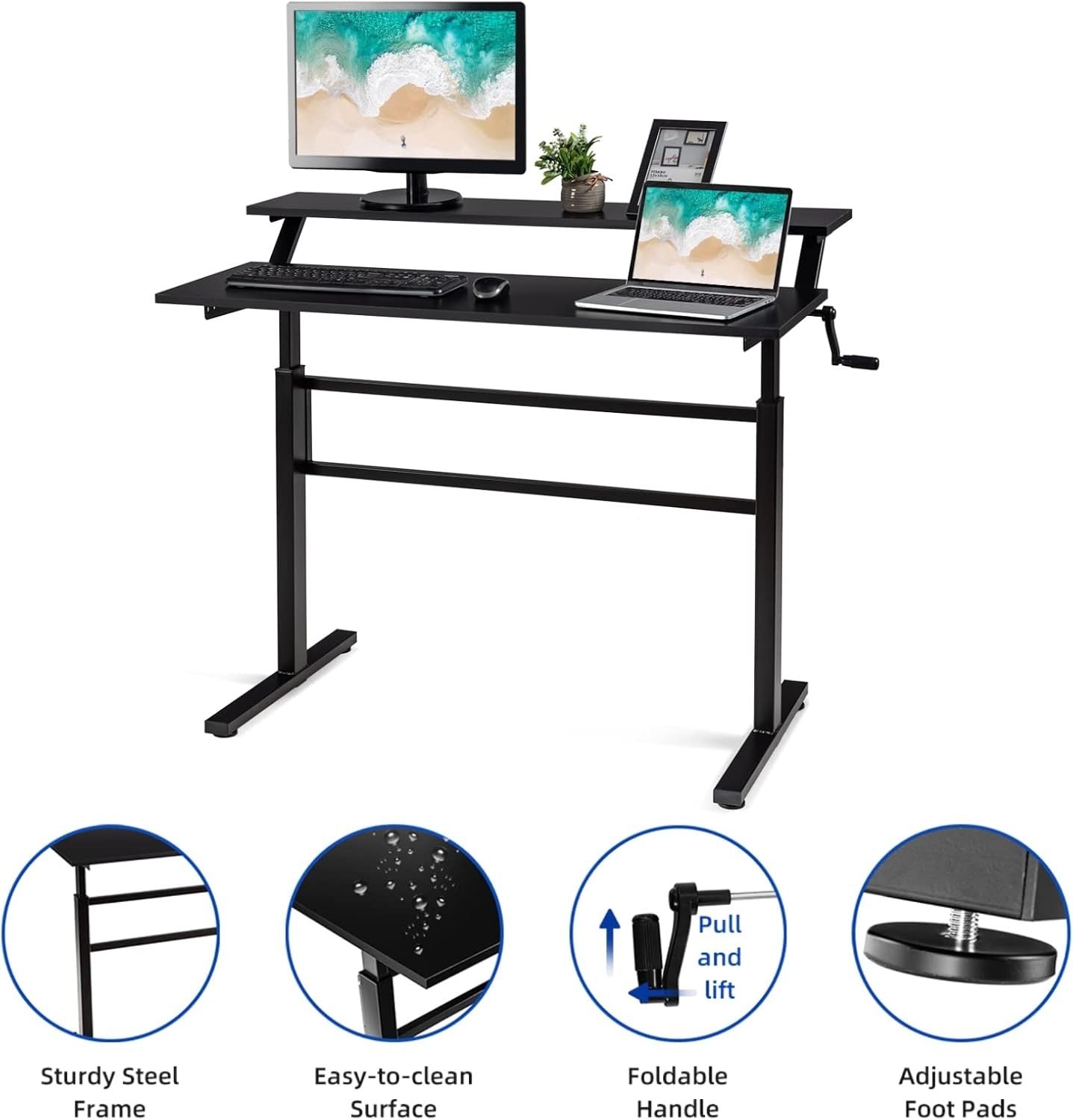 Black Adjustable Standing Desk 113cm Crank Handle Sit Stand Table