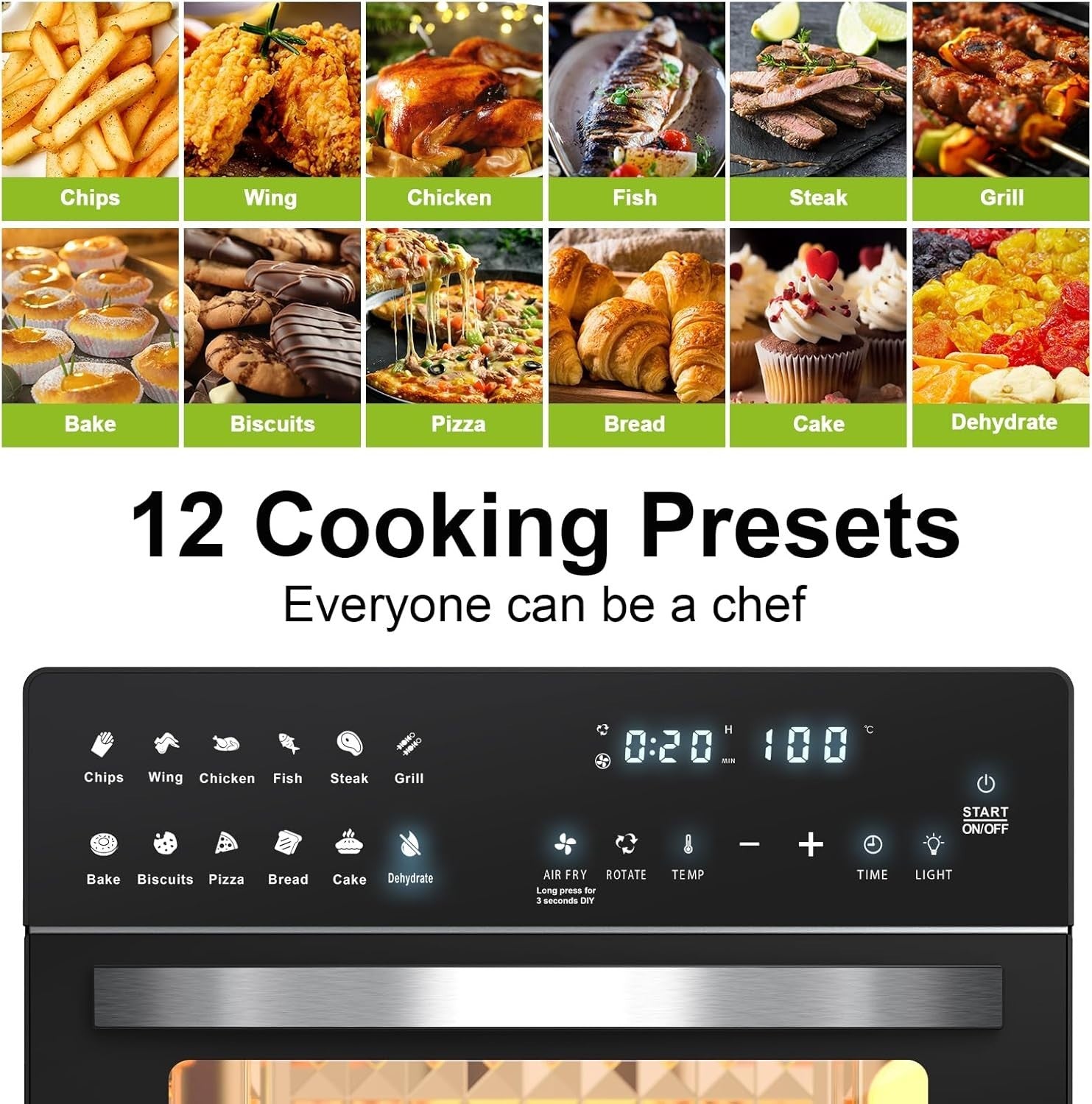 26L Air Fryer Oven Rotisserie Touchscreen 12 Presets 1700W Low Fat XXL