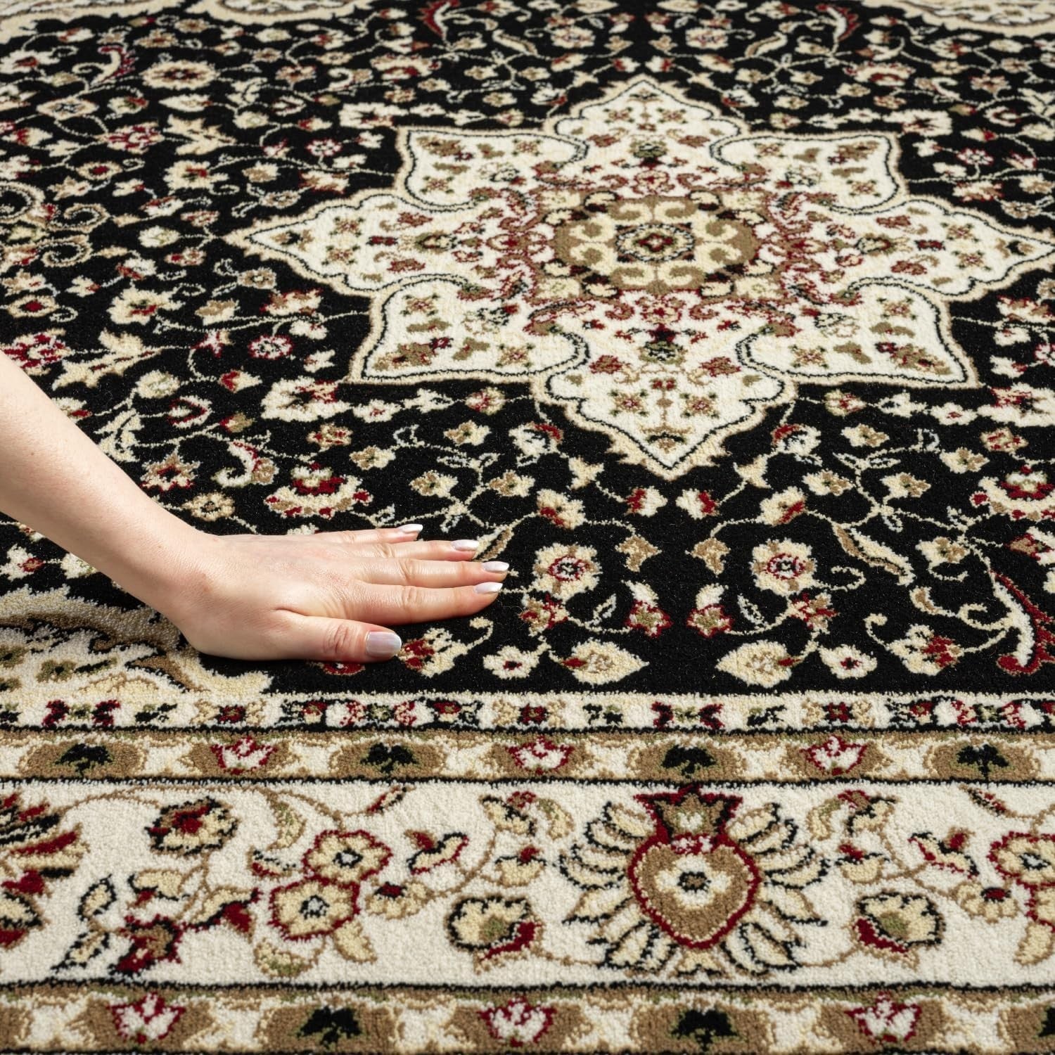 Black Traditional Rug 120x170cm Soft Floral Non Slip Living Room Carpet