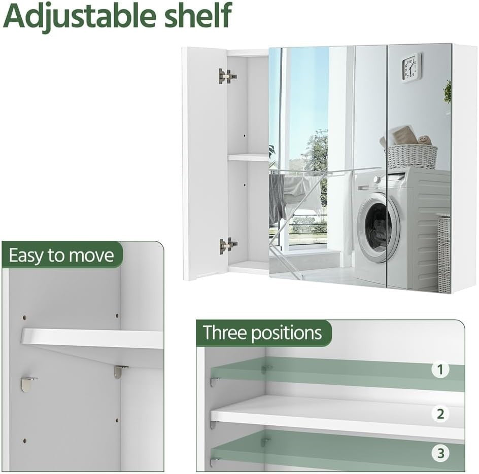 Bathroom Mirror Cabinet Wall Mounted | 3 Door Storage Unit | Modern White