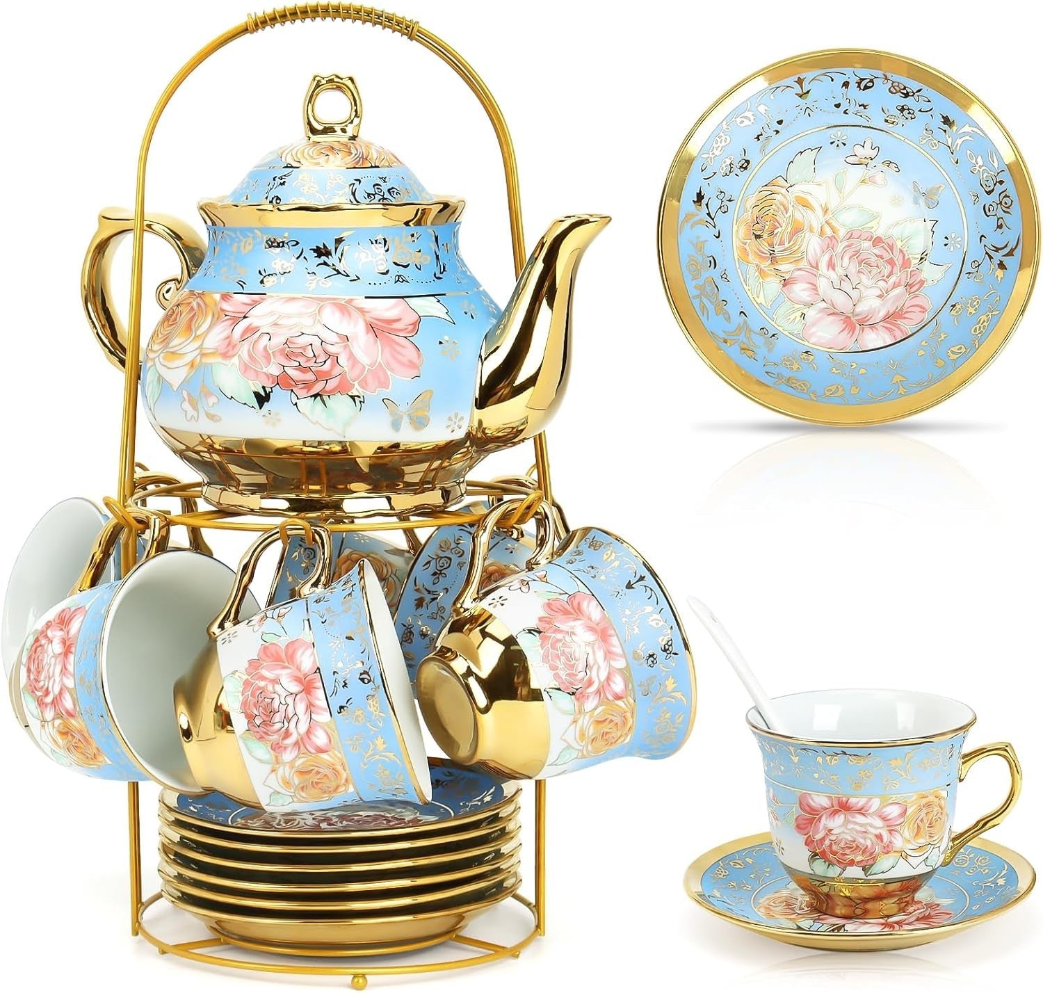20Pc Porcelain Tea Set Blue Gold Floral Cups Saucers Teapot Stand Gift
