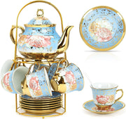 20Pc Porcelain Tea Set Blue Gold Floral Cups Saucers Teapot Stand Gift