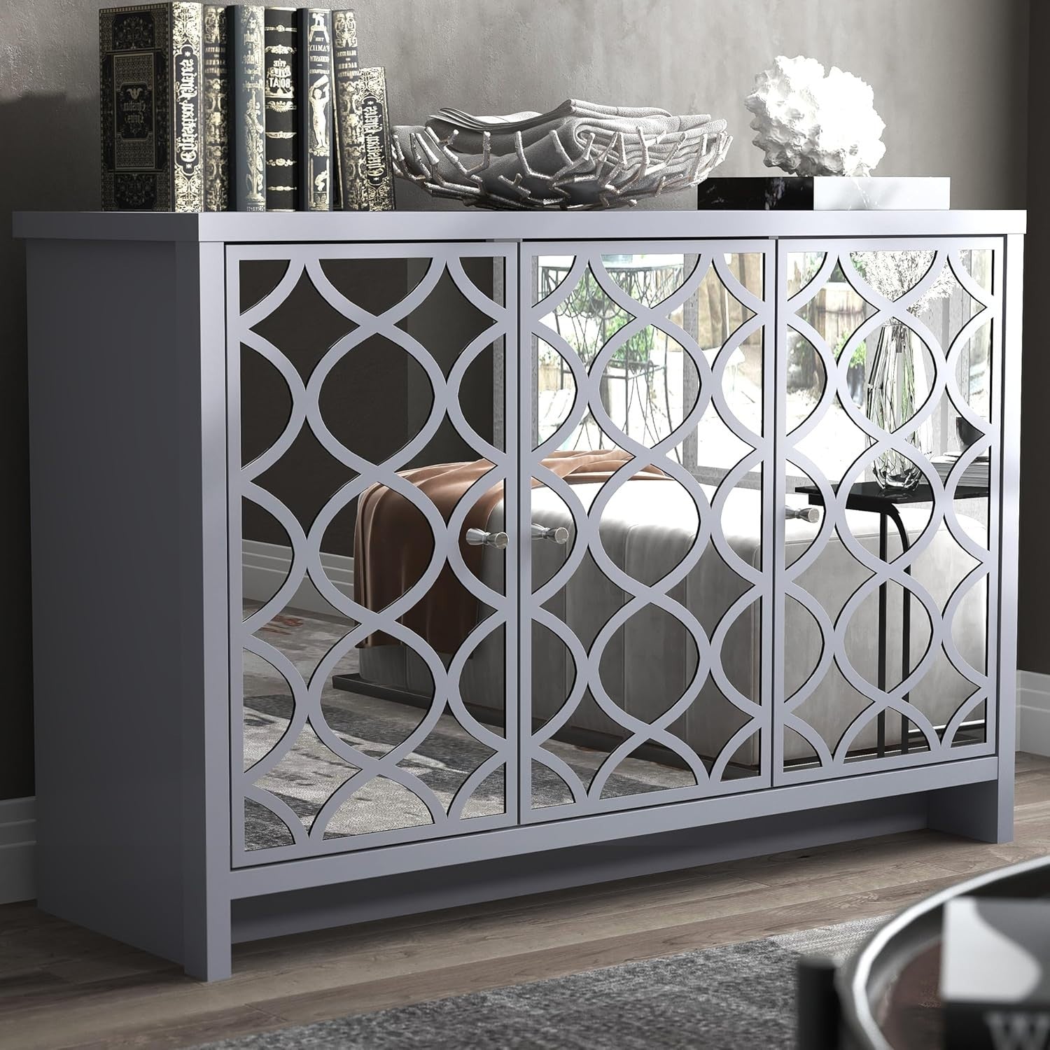Grey Mirrored Sideboard Cabinet 3 Door Storage Unit for Hall or Lounge