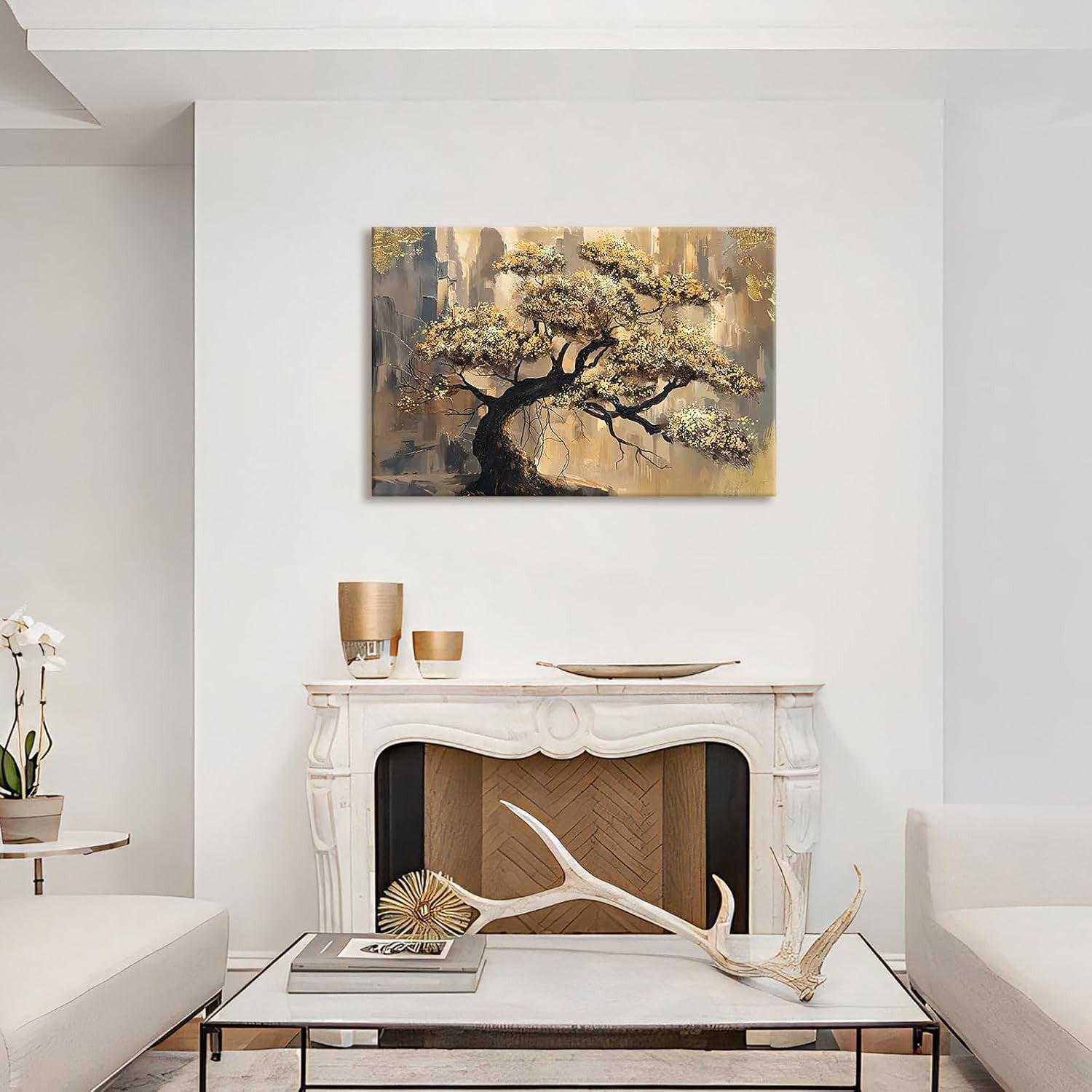 Gold Leaves Pine Tree Canvas Wall Art 90x60cm Framed Modern Decor