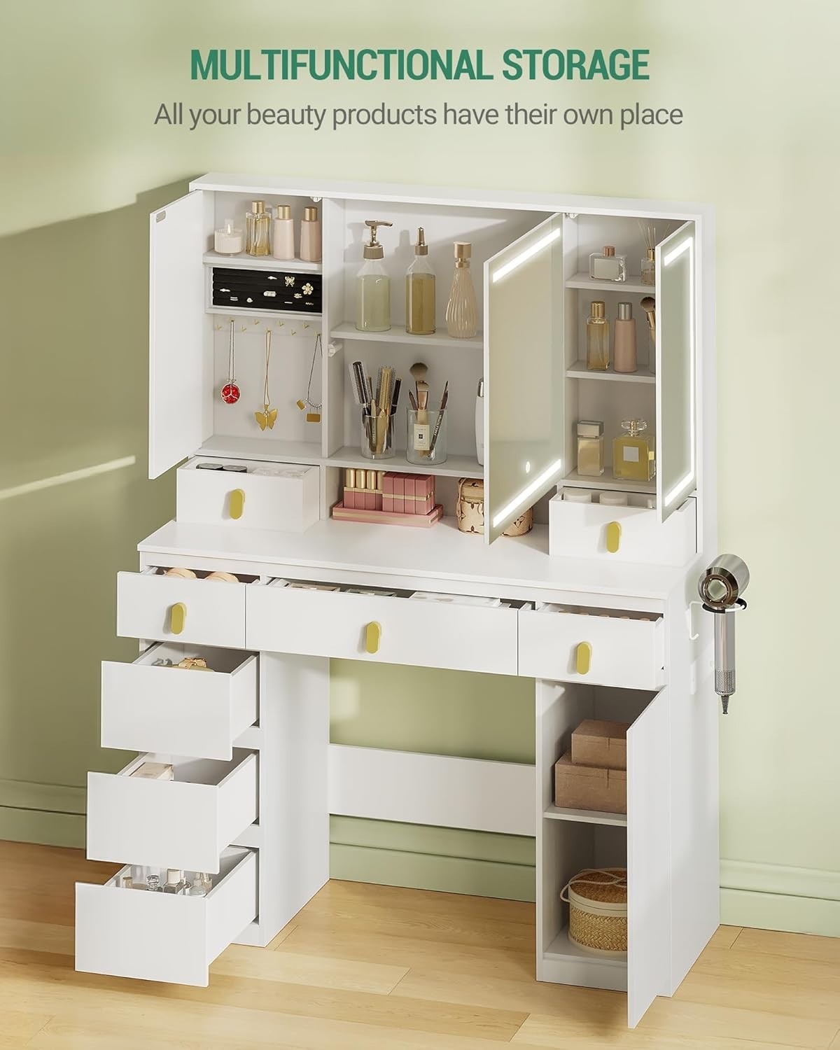 White Modern Dressing Table Vanity Desk with Lighted Mirror 8 Drawers Storage