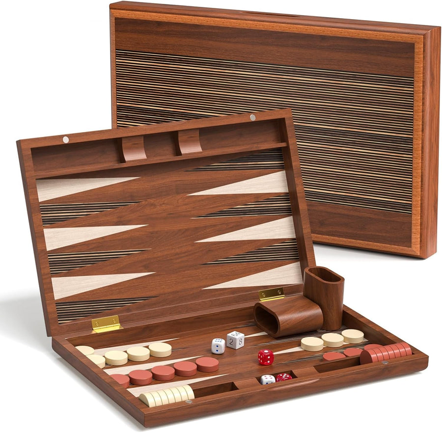 15 Inch Wooden Backgammon Set Folding Travel Board Game Dice Cups